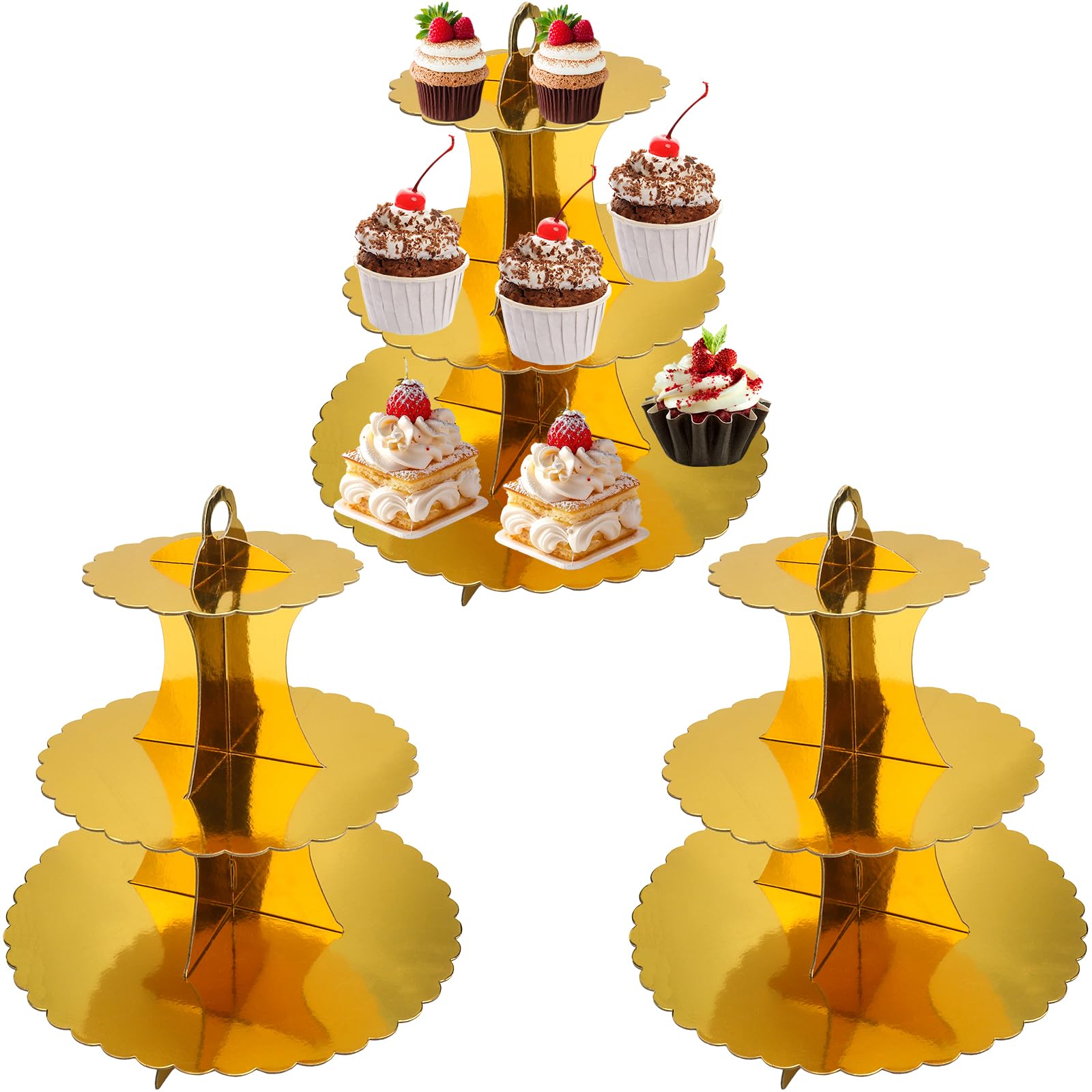 Lhnndm Gold 3 Pack Cardboard Cupcake Stand 3- Tier Lace Edge Dessert Stand, Cardboard Cupcake Stand (Gold)