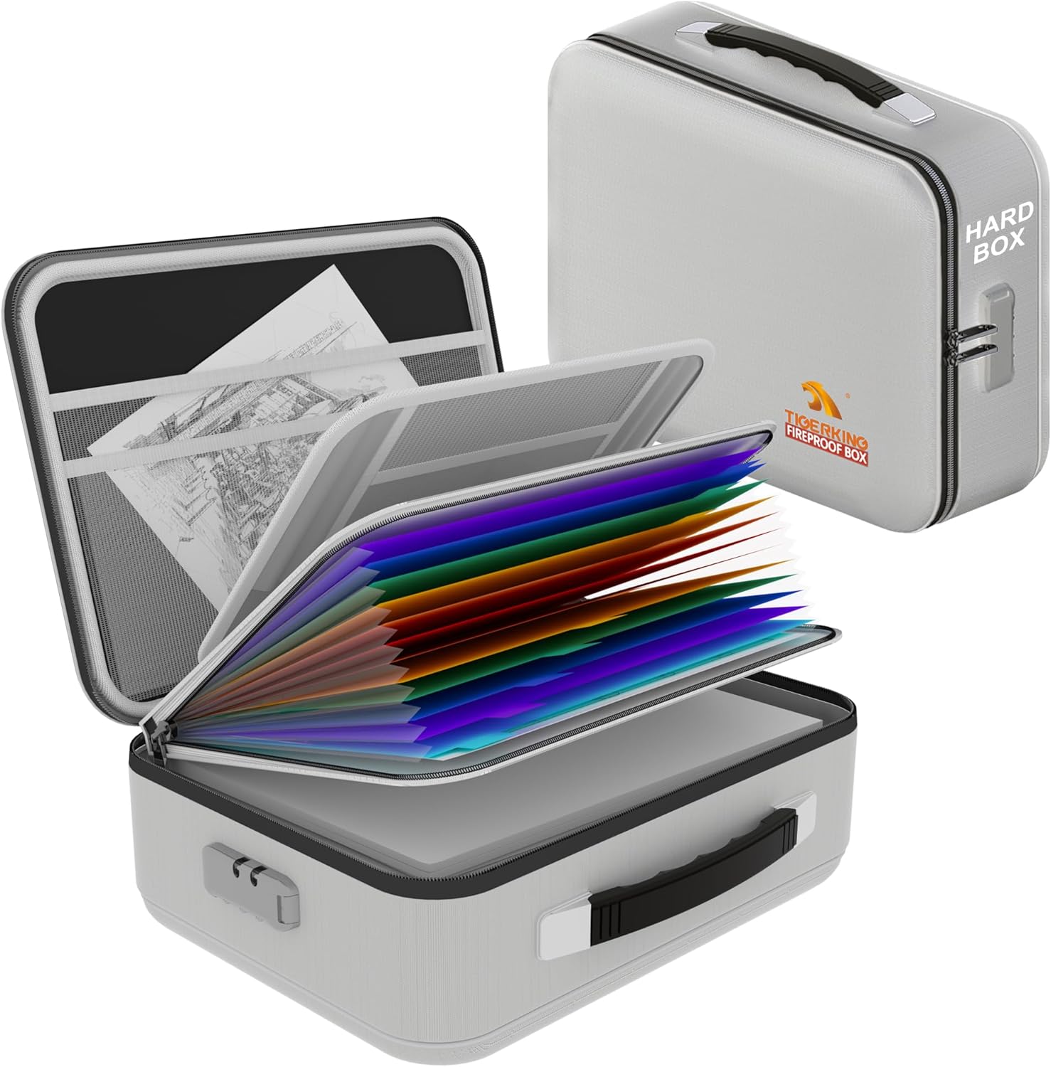 TIGERKING Fireproof Document Box Hard Shell, Fire Proof File Box for Documents with Combination Lock, File Safe Boxs Fireproof Waterproof with Handle, Durable Organizer for Home Office Storage - Grey