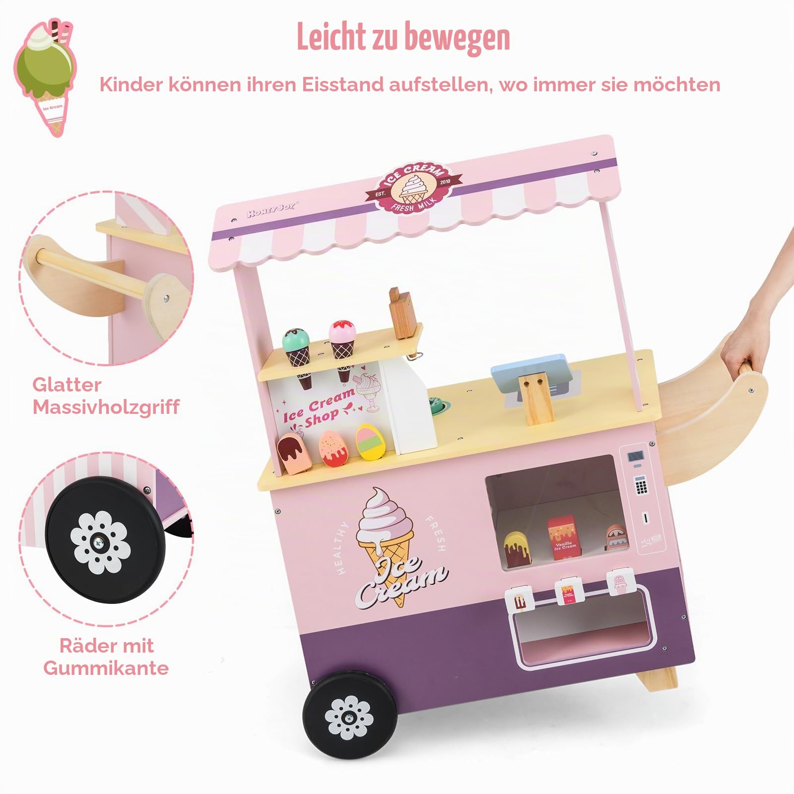 HOMASIS Kinder Eiswagen Holz mit 15 Zubehör, Kaufladen mit 6 Spielzeug-Eiscreme, Eismaschine, Verkaufsautomat, Kasse, Scanner, Eisdiele mit Rädern & Vordach, Verkaufsstand für Kinder ab 3 Jahre (Rosa)