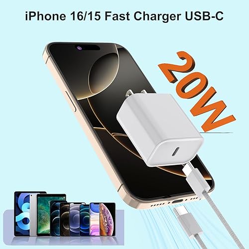 Miniatura 2 de Cargador de 10 pies para iPhone 16 15 de carga rápida, paquete de 2 cargadores tipo C de 20W, bloque USB C, cable tejido de 10 pies USB C a USB C