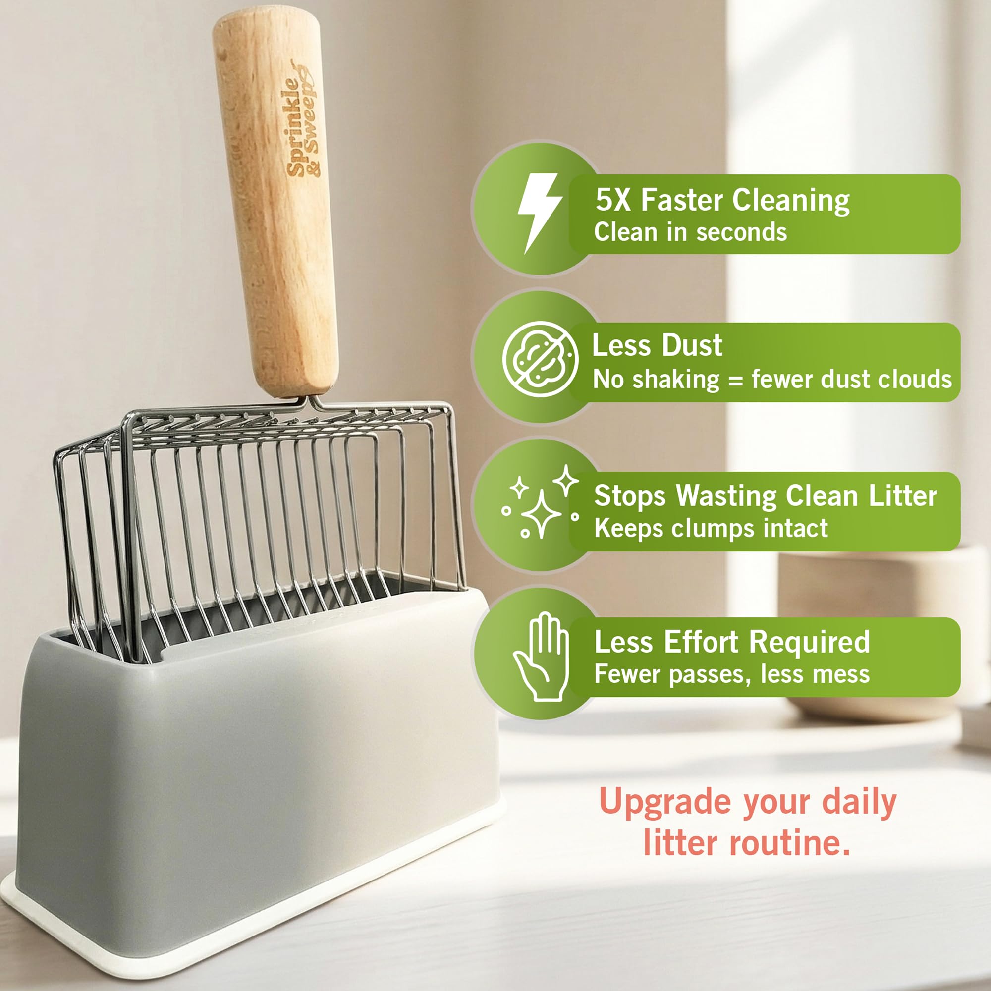 Sprinkle & Sweep Lot de 2 pelles à litière en métal pour chat – Pelle à litière robuste et tamis rapide avec poignée confortable en bois de hêtre – Support lavable pratique pour un nettoyage facile et