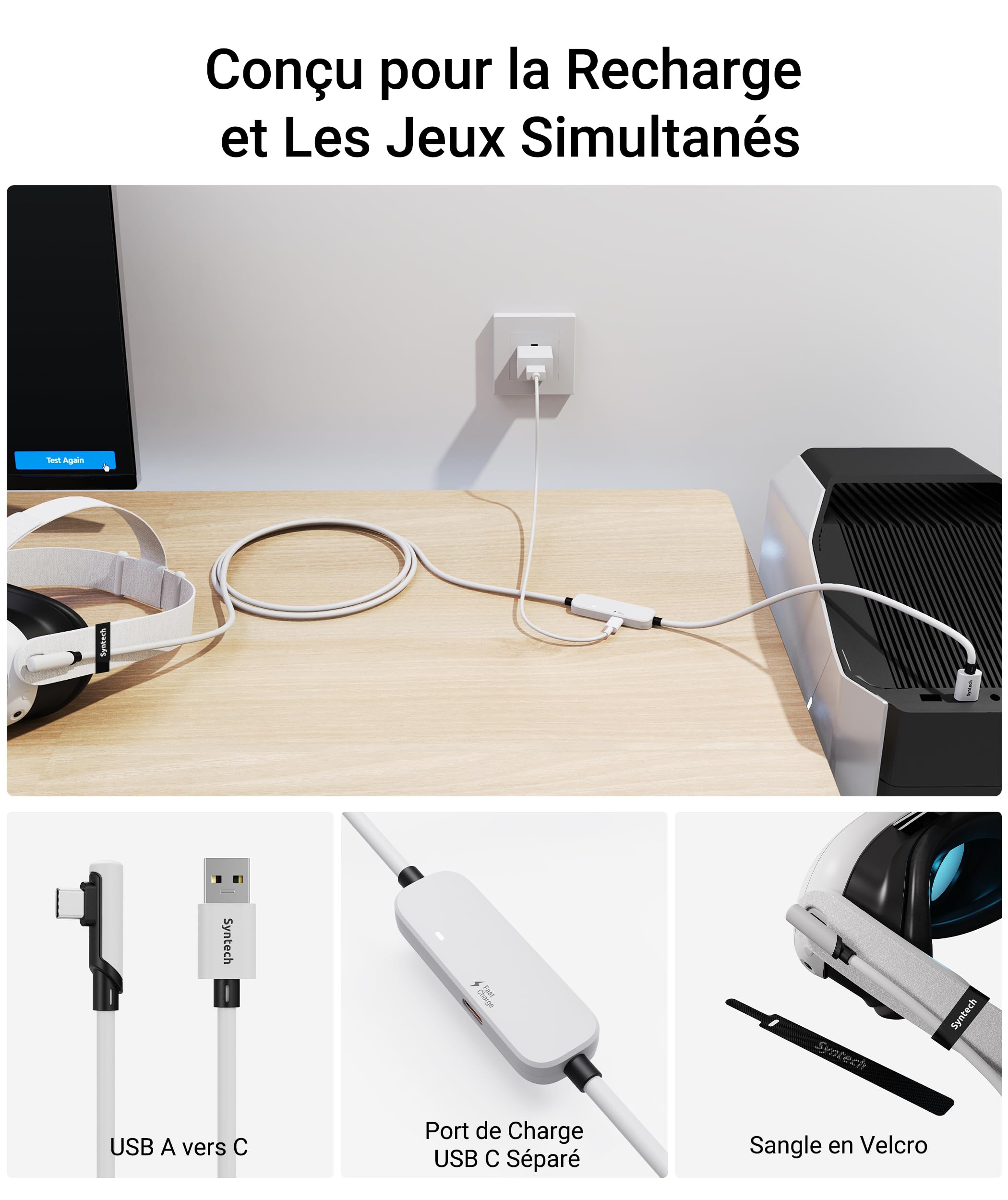 Syntech VR Câble Link de Charge 5M Compatible avec Meta Quest 3S/Quest 3/Oculus Quest2 Accessoire, Câble Link USB 3.0 avec Port de Charge Supplémentaire, pour PC/SteamVR et Jeux Prolongés