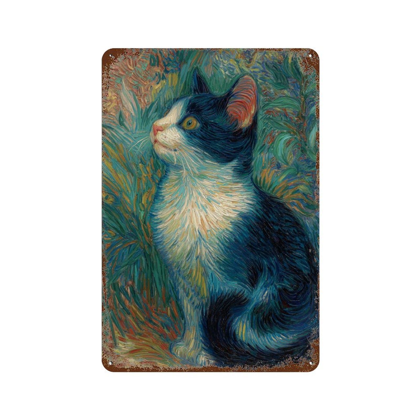 Vincent's Cat A Whimsical Painting Rustic Tin Plaque 11.8"x7.9", for Pub, Kitchen And Man Cave Decor, Vintage Wall Decor