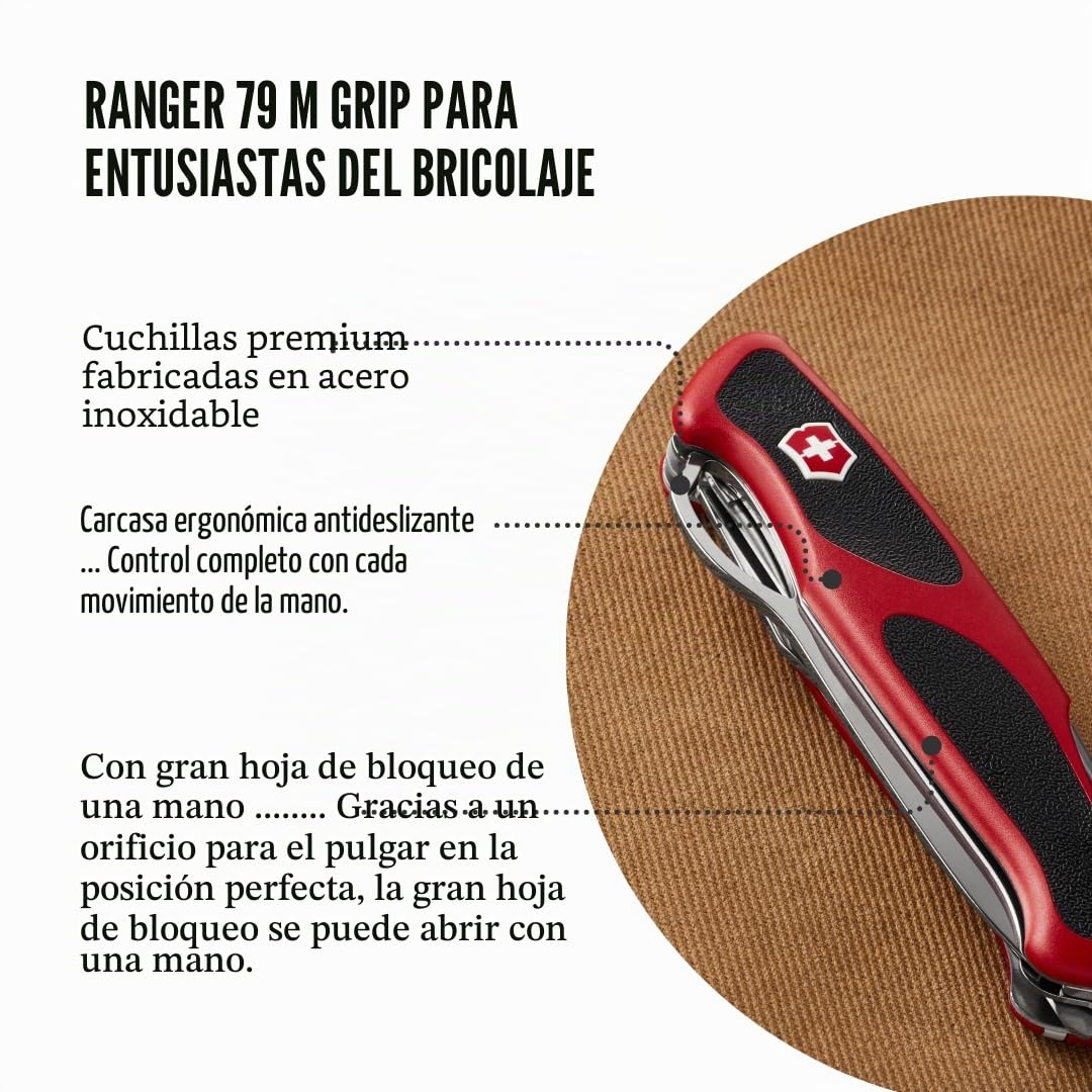 Victorinox Ranger Grip 79 Navaja multiusos con 12 funciones, incluyendo hoja con bloqueo para una mano, de color rojo/negro