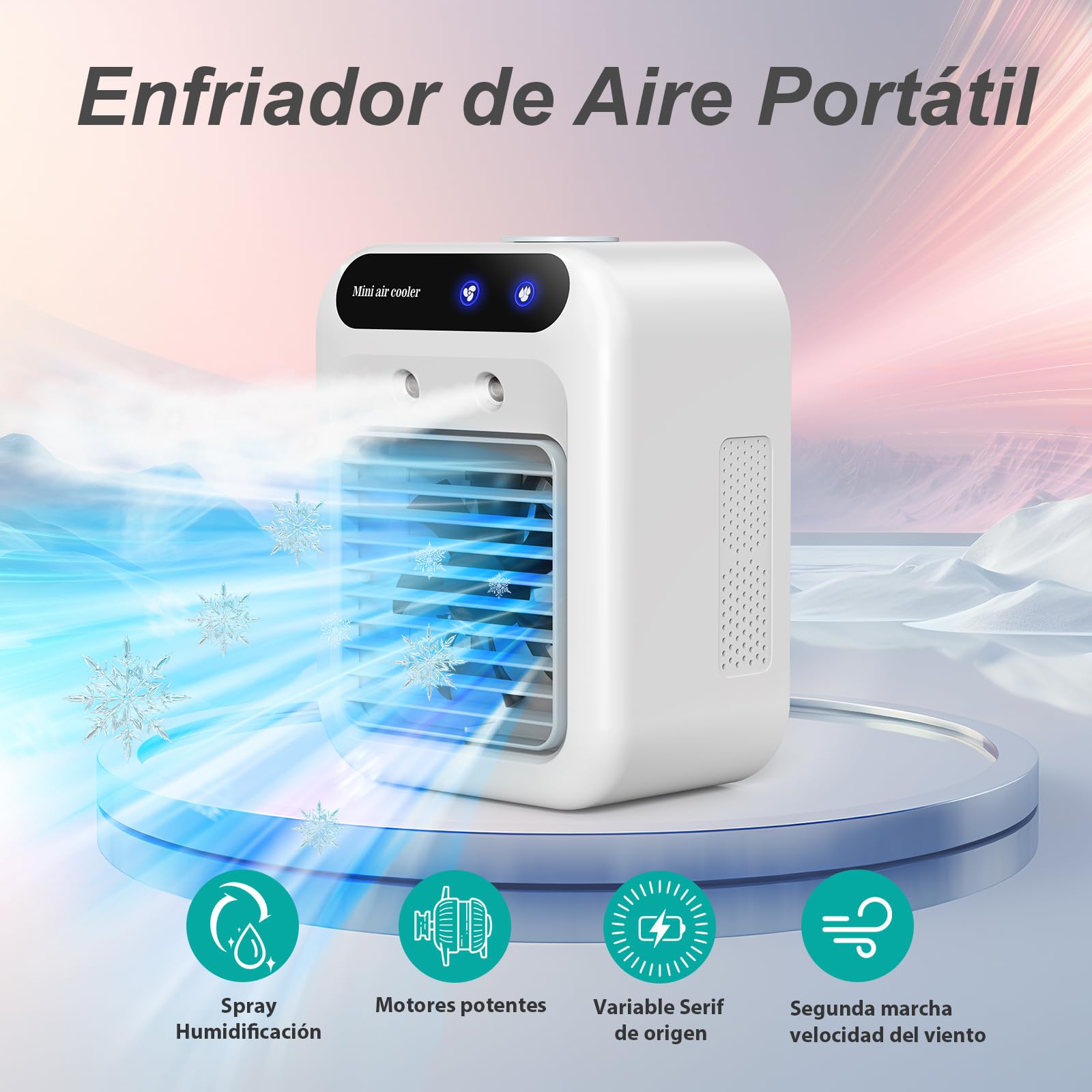 Aire Acondicionado Portatil, Mini USB Ventilador, Enfriador de Aire, Aire Humidificador Portátil Silencioso, 2Velocidades de Ventilador, 2 Modos de Nebulización, Adecuado para Hogar, Oficina