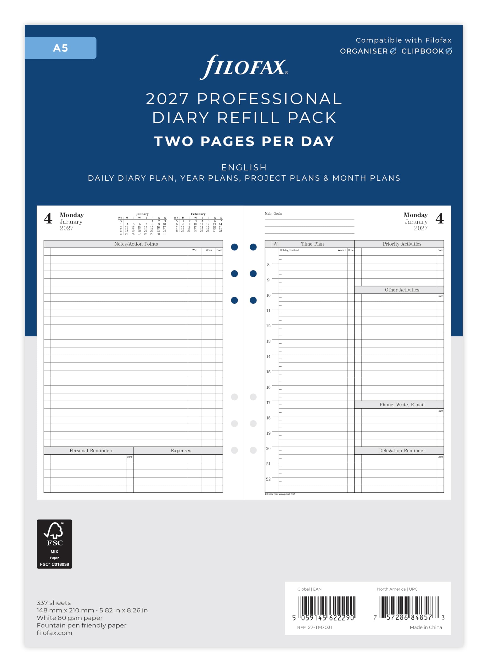 Filofax A5 Day to view English 2027 diary 27-TM7031