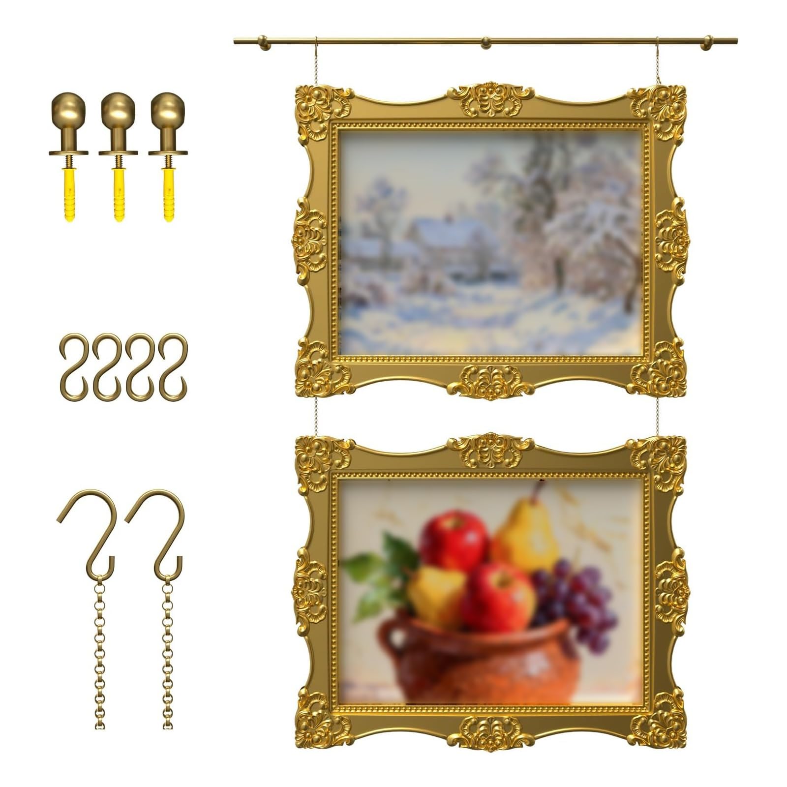 Galerie Kunst Hängeschiene aus Messing, Bilderschienenhaken mit Verstellbaren Goldketten und Haken for Mehrere Bilderrahmen, Fotos und Kunstwerke(130cm/51in)