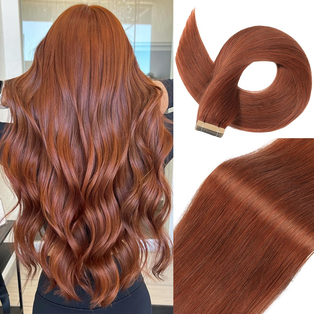 Auburn Brown Tape in Hair Extensions Human Hair, 20pcs 16 Inch Remy Hair Extensions Straight Human Hair Tape in Extensions Skin Weft Tape Extensions