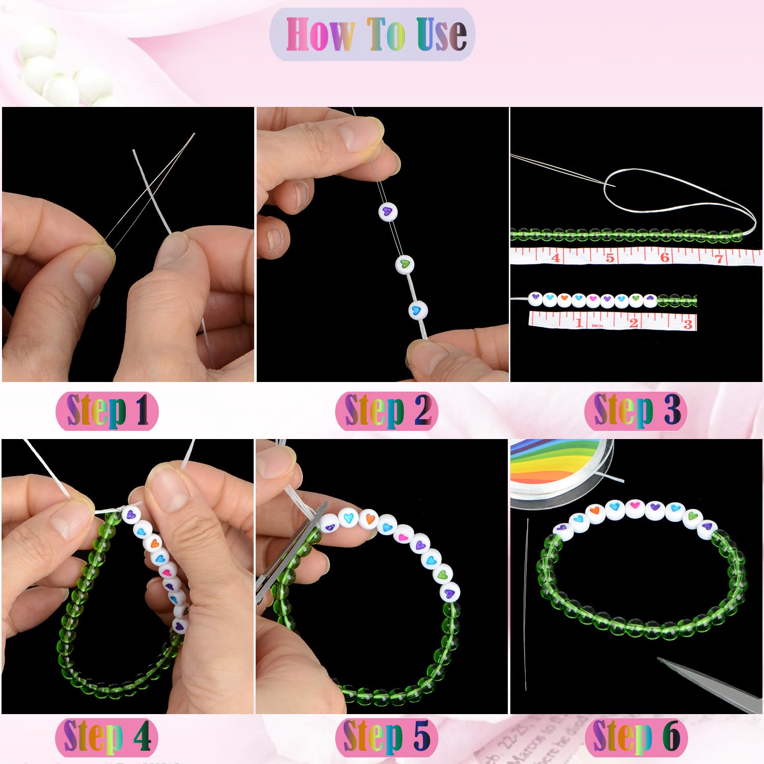 LPBeads 12 rollos de cordón elástico de 0,8 mm para hacer pulseras y joyas con agujas de cuentas y regla