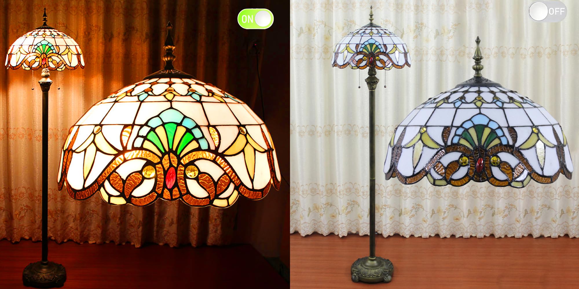 Piantana Lampada da Stelo Terra Soggiorno Stile Tiffany,Lampada Vintage Salotto Camera Da Letto Arredamento Casa,16" Paralumi in Vetro Macchiato,Alta 165 Cm Con 2 Lampadine Led E27(F-1)