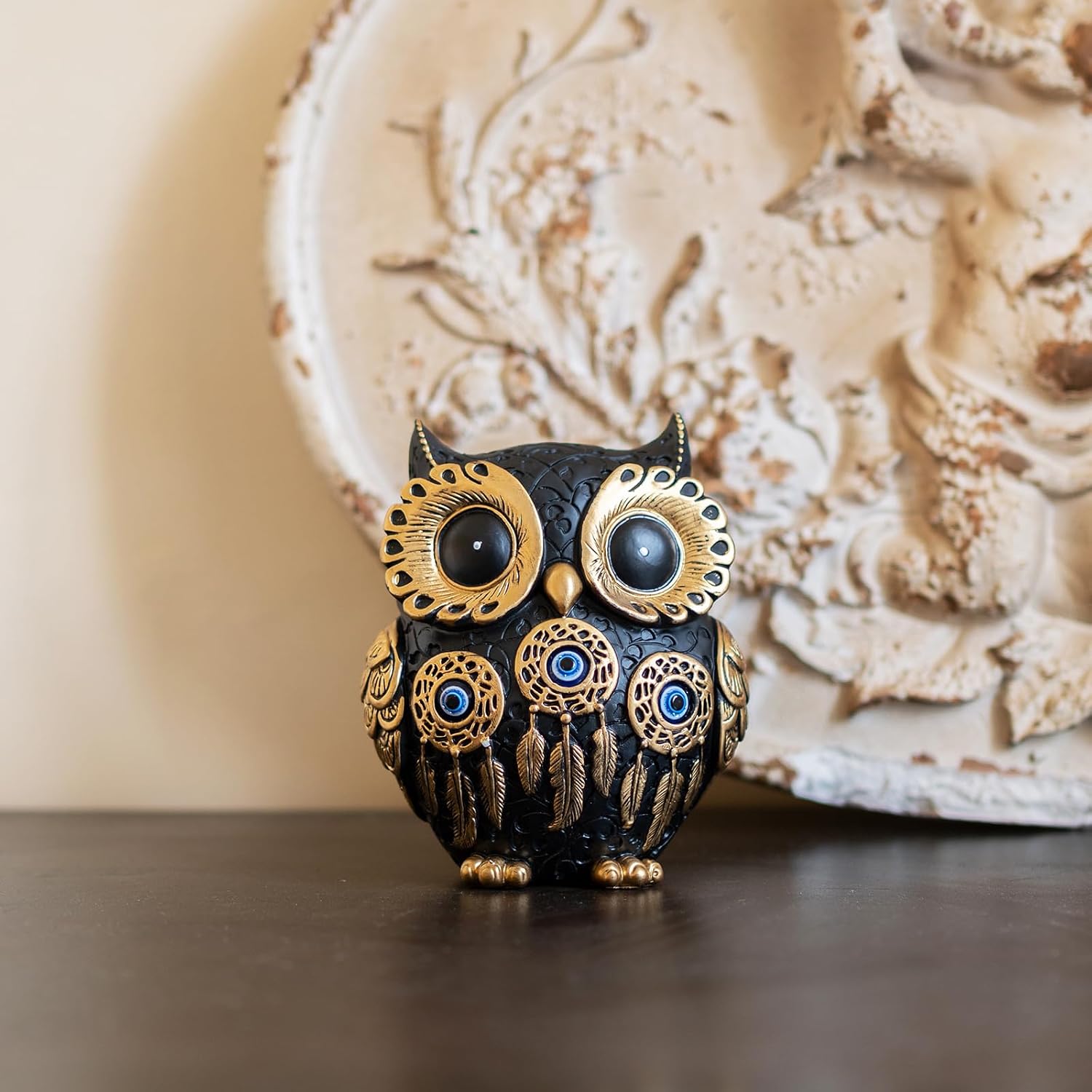 Vintage Black Owl Statue Home Decor - Evil Eye Accent for Bookshelf, Bedroom, Living Room, Office & Table. Cute Small Animal Sculpture Gift for Owl & Birds Lovers image 2