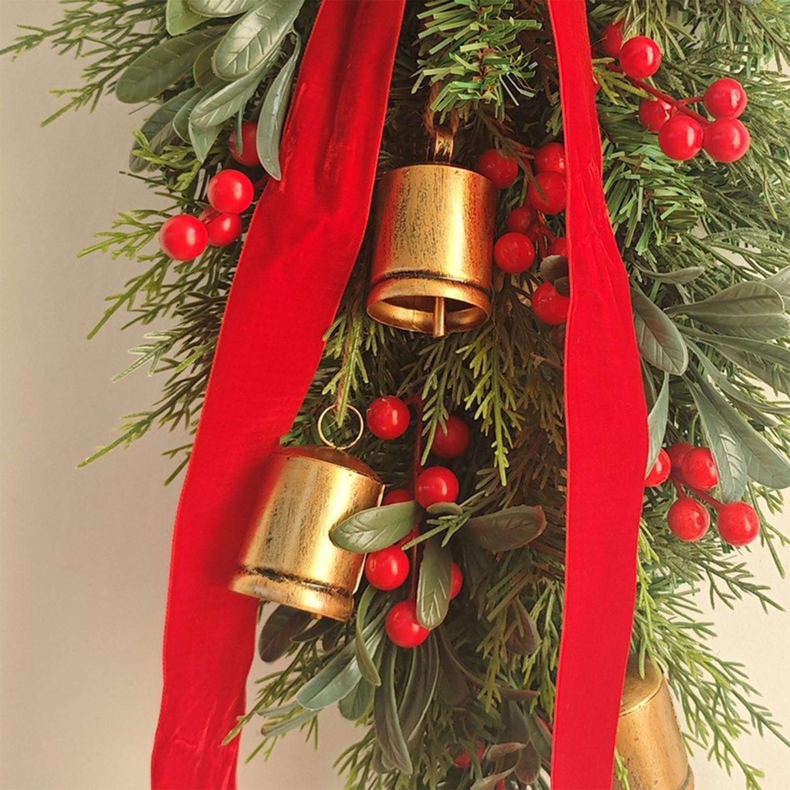 LKPOMI Artificial Christmas Teardrop Swag 20 Inch Faux Pine Swag with Bows Bells and Red Berries Christmas Greenery Teardrop Wreath for Xmas Holiday Door Mantle Fireplace Decor