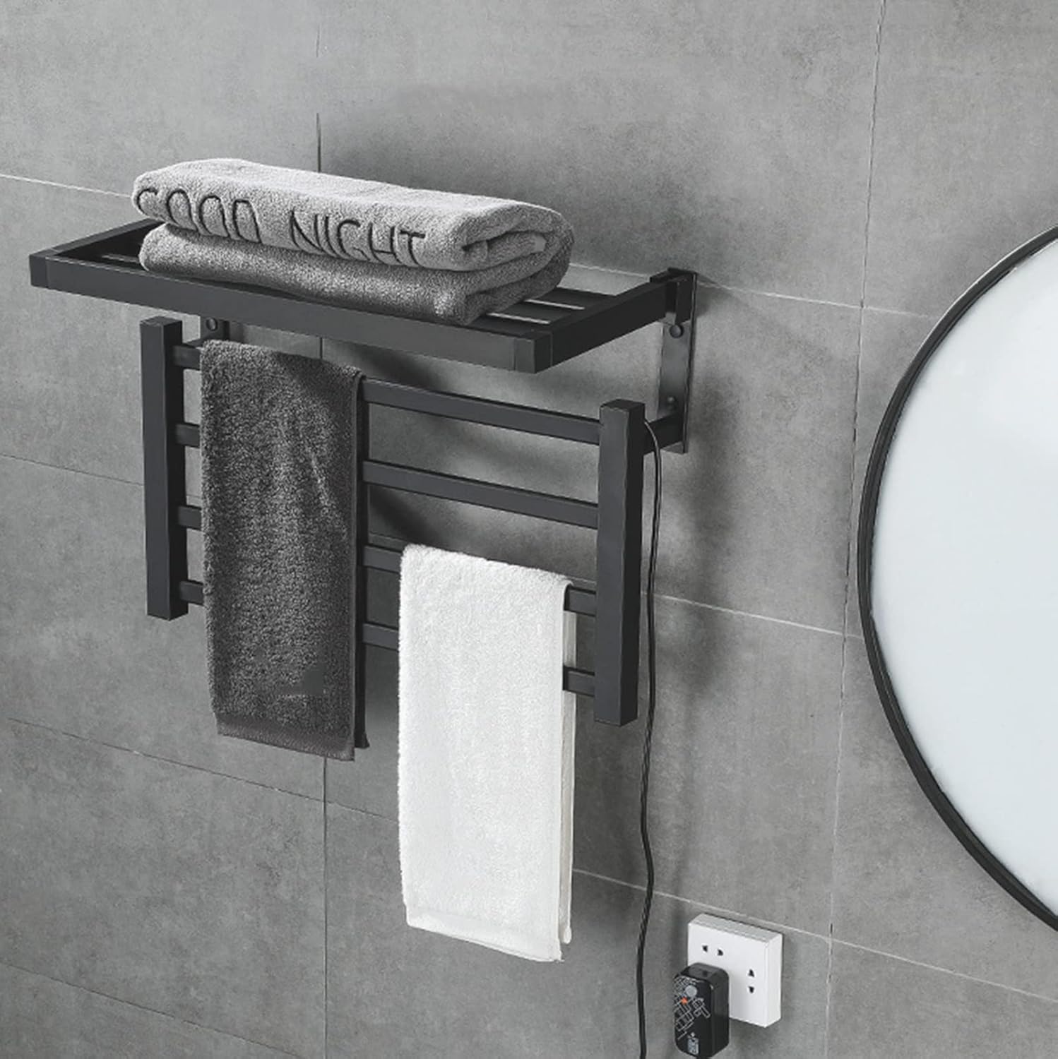 Wall Mounted Electric Heated Towel Rail with Folded Storage Shelf, Black Towel Warmer Rails Bathrooms Aluminum Alloy Smart Thermostat Heating Towel Rail