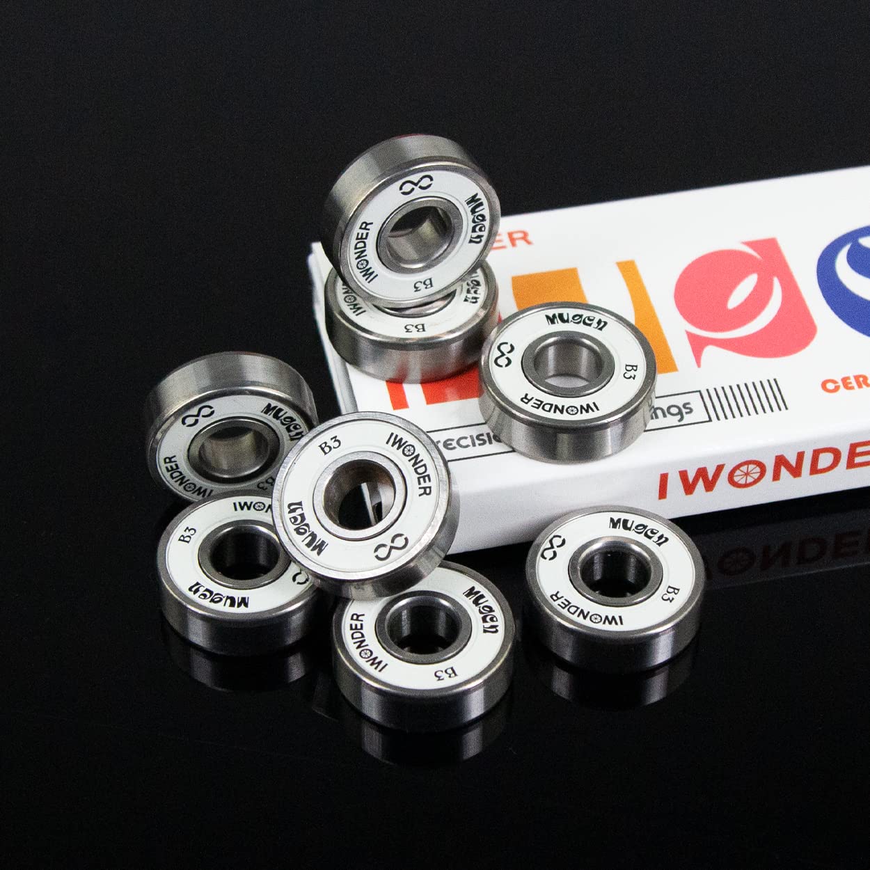 IWonder Mugen Black Ceramic Precision Skateboard Bearings 8 Pack Spacers & Washers Bundle Longboard Bearings Set fits Skateboard Inline & Roller Skates