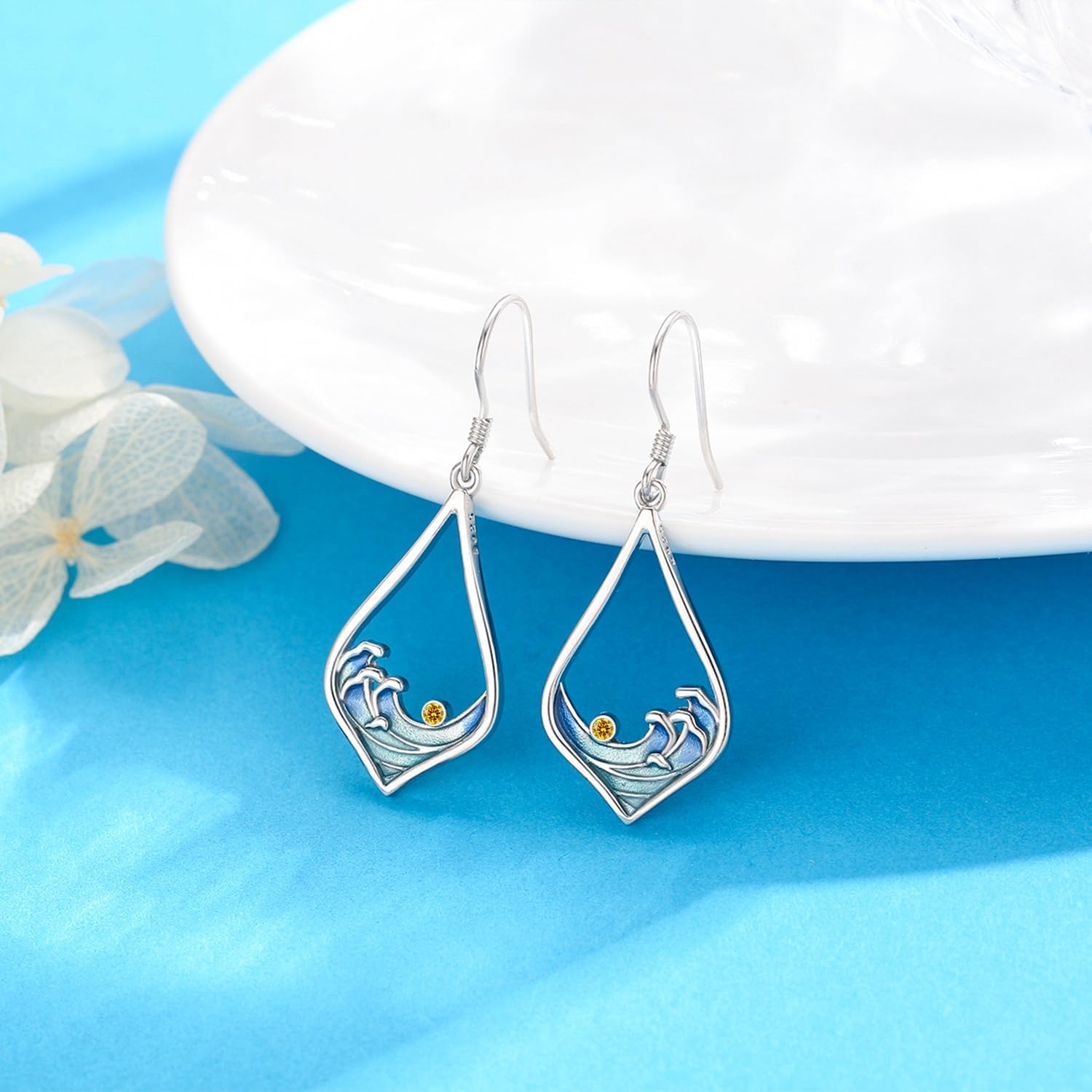 Ocean Wave Earrings 925 Sterling Silver Beach Dangle Drop Earrings Beach Jewelry Gifts for Women - Image 3