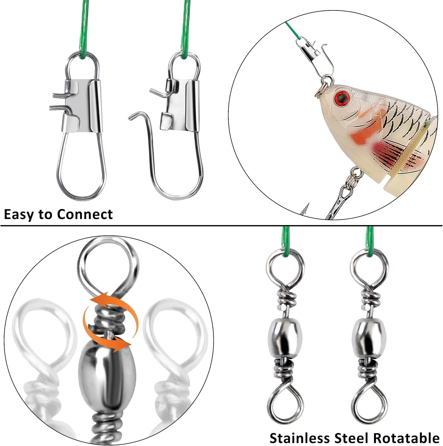 Cable del Líder de Pesca de Acero Líderes de Traza de Alambre de Pesca con Giratorios y Broches de Presión Múltiples Tamaños de Diferentes Líneas de Alambre Anti-Mordedura 15cm 20cm 25cm 30cm