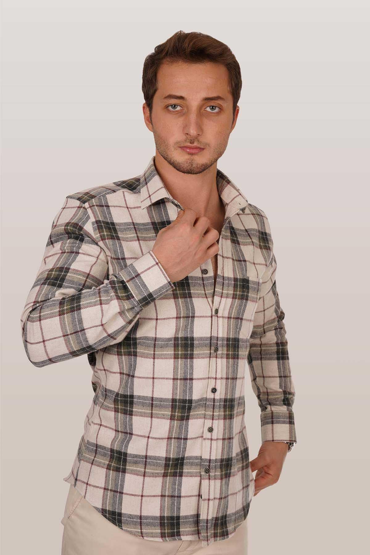 Etikmen Krem Yeşil Desenli Slimfit Oduncu Hediye Kutulu Erkek Gömlek M