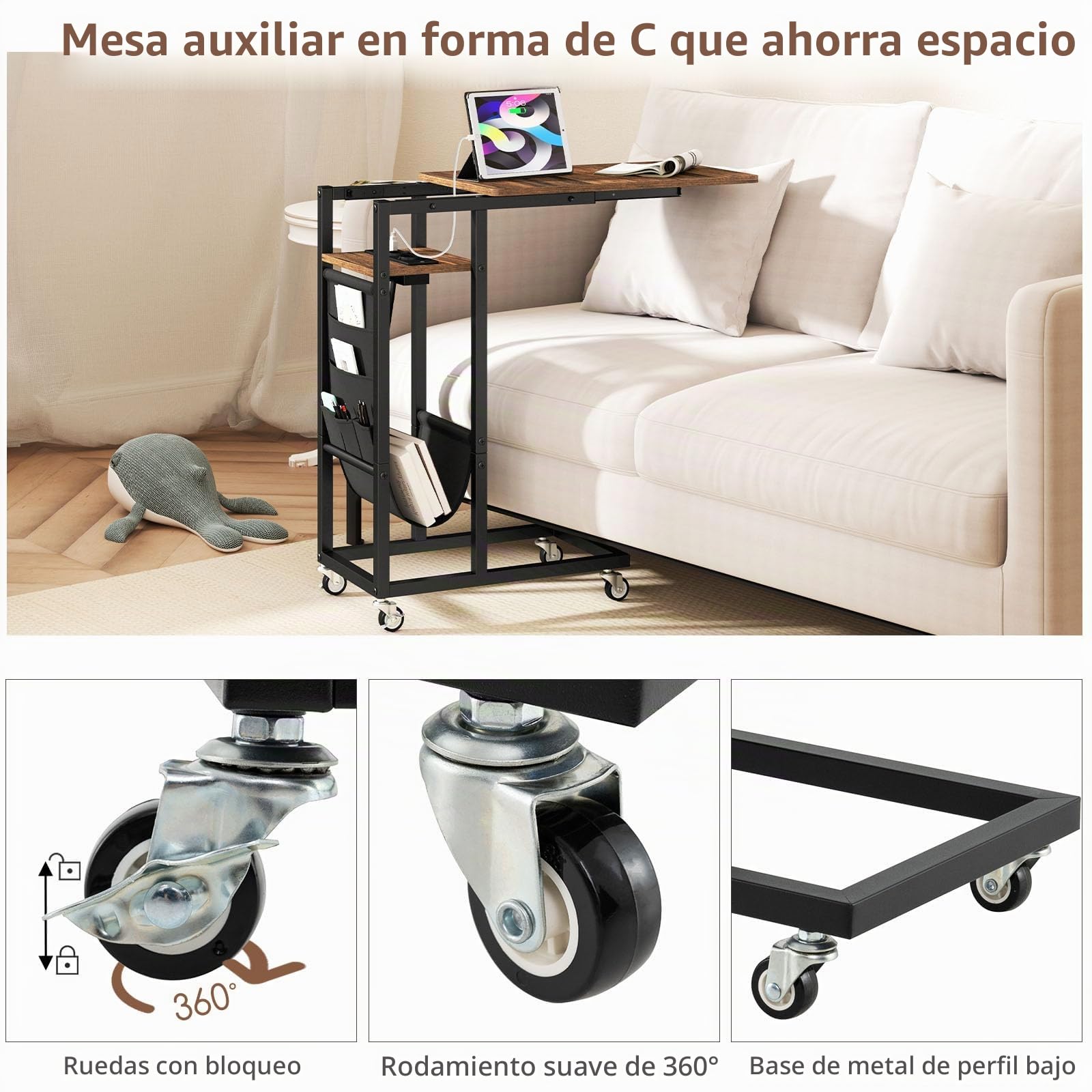 LIFEZEAL mesa Auxiliar con Enchufe, Almacenaje en Forma de C con Ruedas, Pequeña para Sofá, Portátil con Bolsillo Lateral, Salón, Dormitorio (Marrón)