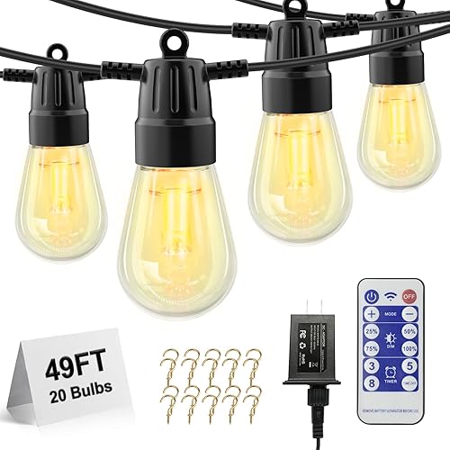 Tira de luces LED para exteriores de 49 pies, luces de patio con control remoto, tira de luces para exteriores con 20 bombillas inastillables, IP65,
