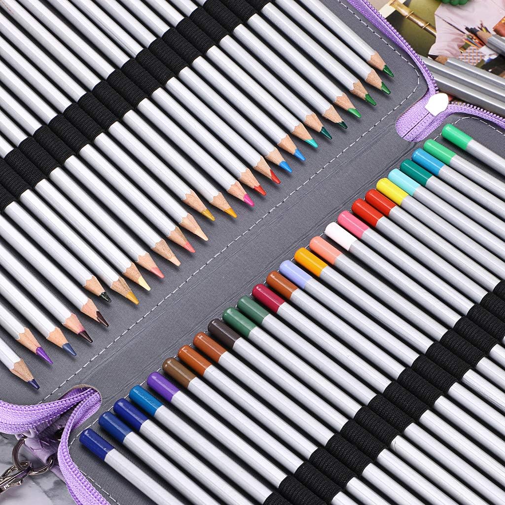 BTSKY 200 Slots Colored Pencil Organizer - Deluxe PU Leather Pencil Case Holder With Removal Handle Strap Pencil Box Large for Colored Pencils Watercolor Pencils Purple