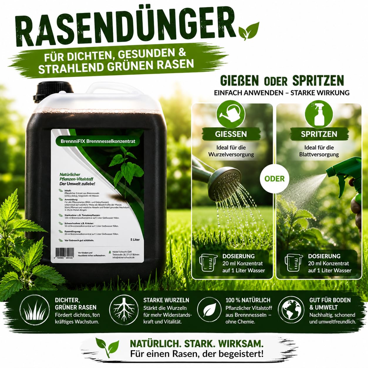 organischer Dünger für alle Pflanzen-Arten, Gemüsedünger flüssig aus Brennnessel-Konzentrat, Brennesseljauche zur Blattlaus-Bekämpfung, Tomatendünger 5L