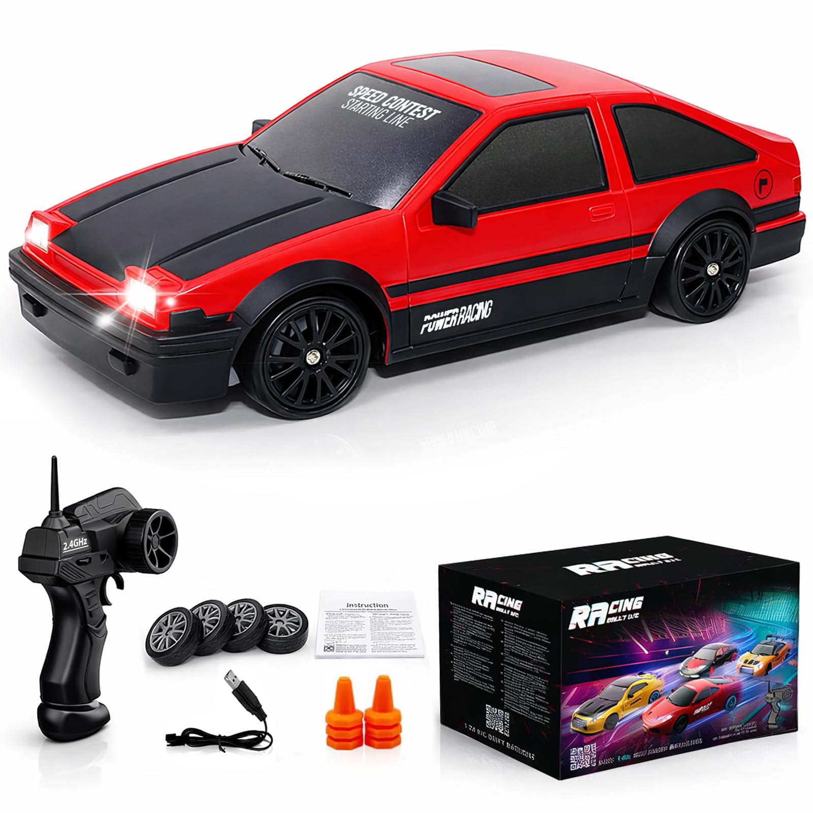 Remote Control Car RC Drift Car 2.4GHz 1:24 Scale 4WD 15KM/H High Speed Model Vehicle with LED Lights Drifting Tire Racing Sport Toy Car for Adults Boys Girls Kids Gift