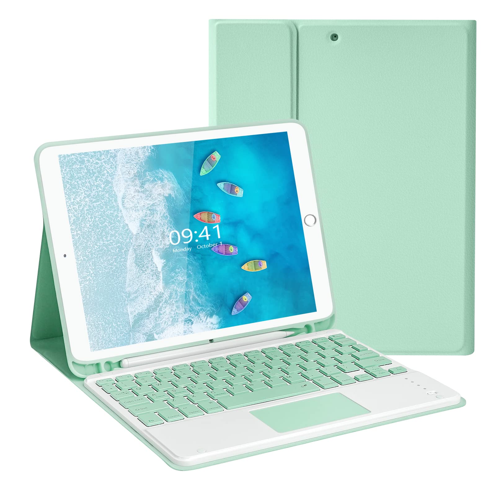 LAMA Wireless Keyboard Case with Touchpad for iPad 10.2" 9th 8th 7th Generation, Detachable Bluetooth Keyboard with Pencil Holder for iPad 10.2 Inch/iPad Air 10.5"(3rd Gen)/iPad Pro 10.5 in, Green