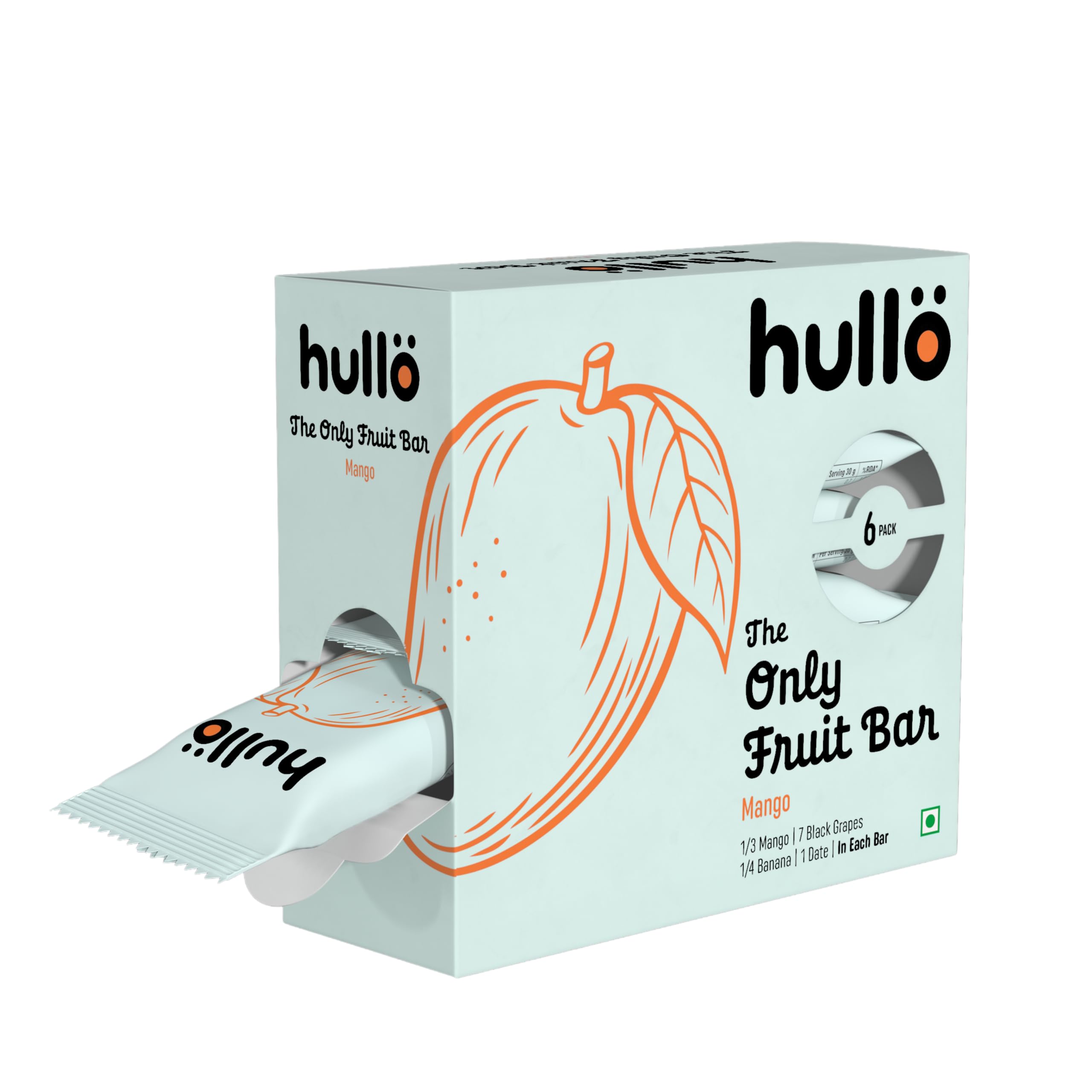 Hullo The Only Fruit Bar - Mango (Pack of 6 x 30g) | Healthy Sugar Free Snack Bar for Kids & Adults | Energy Bar with No Added Sugar & No Preservatives | Made with Mango, Banana, Black Grapes & Dates