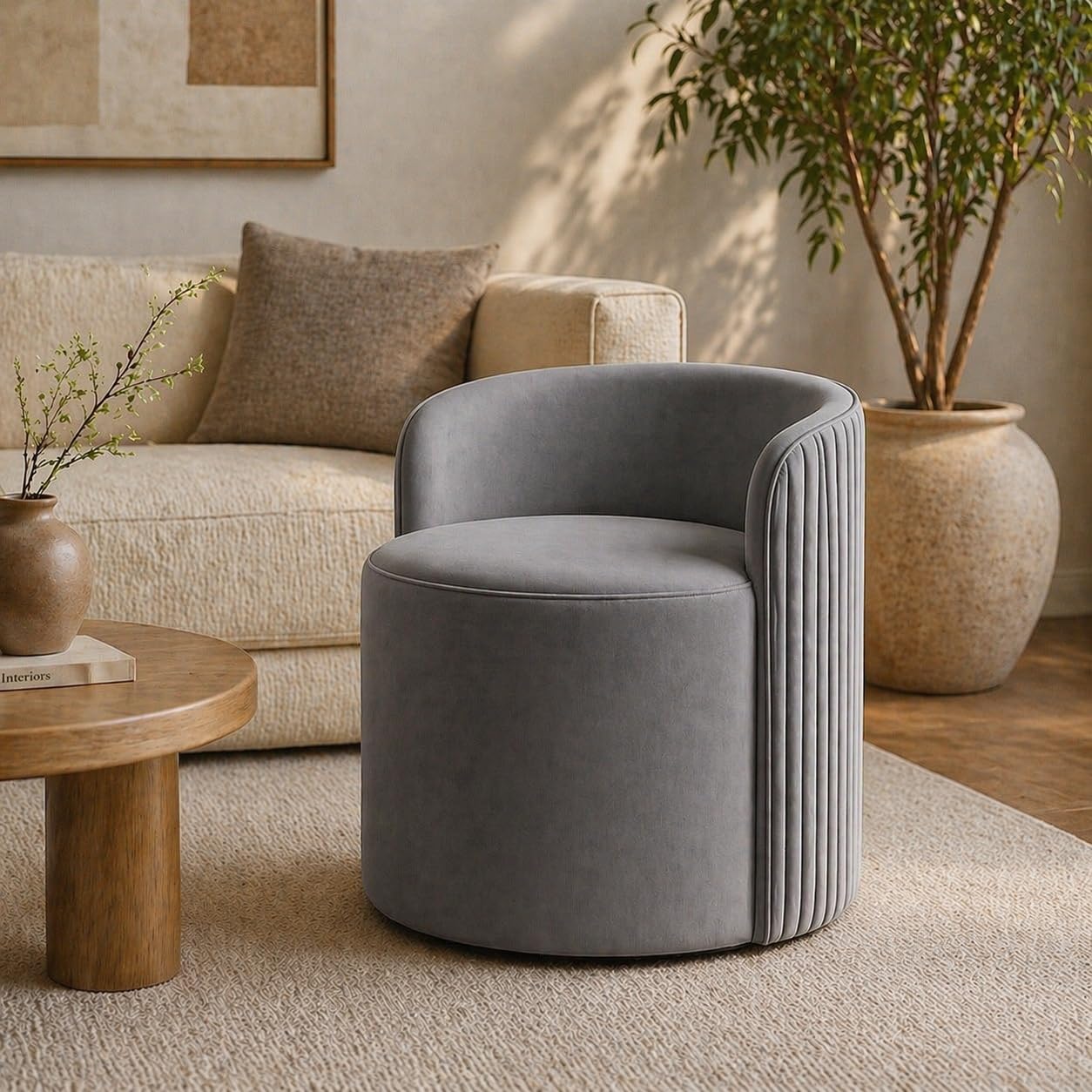 Luxury Velvet Ottoman Chair Pouffe Stool with Backrest | Soft Padded Upholstered Seating for Living Room, Bedroom, Dressing Table & Office | Modern Round Sofa Ottoman Home Décor (Grey)-image-38