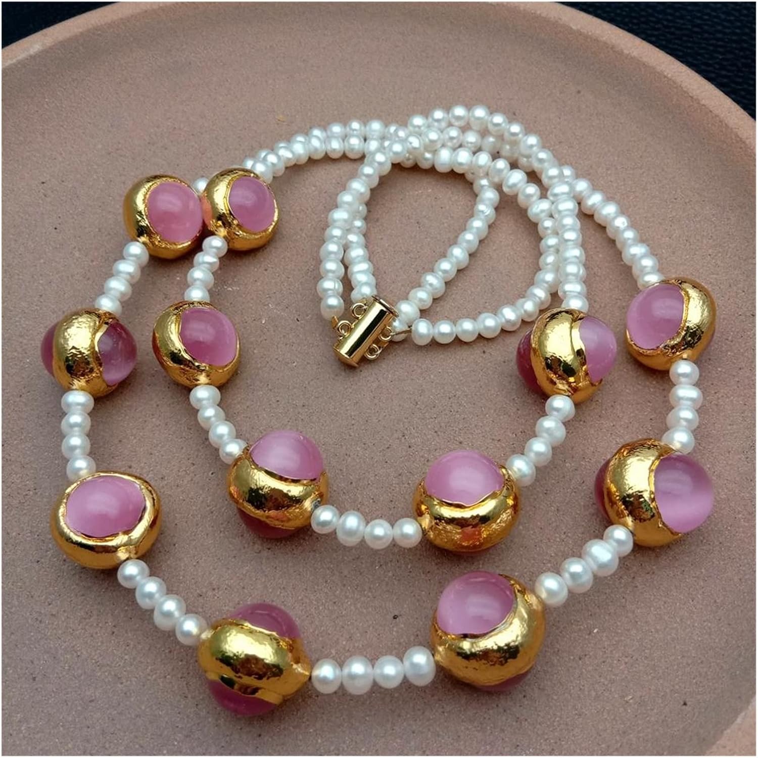 Women's Necklaces 2 Rows White Pearl Cat Eye Gold Plated Necklace Multi Strands Jewelry 18inch