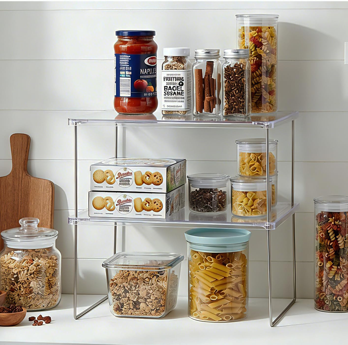 IVYHOME Pantry Organizer, Cabinet Storage Shelf Rack, Stackable Kitchen Cabinet, Foldable Countertop Shelf Organizer, 2 Pack
