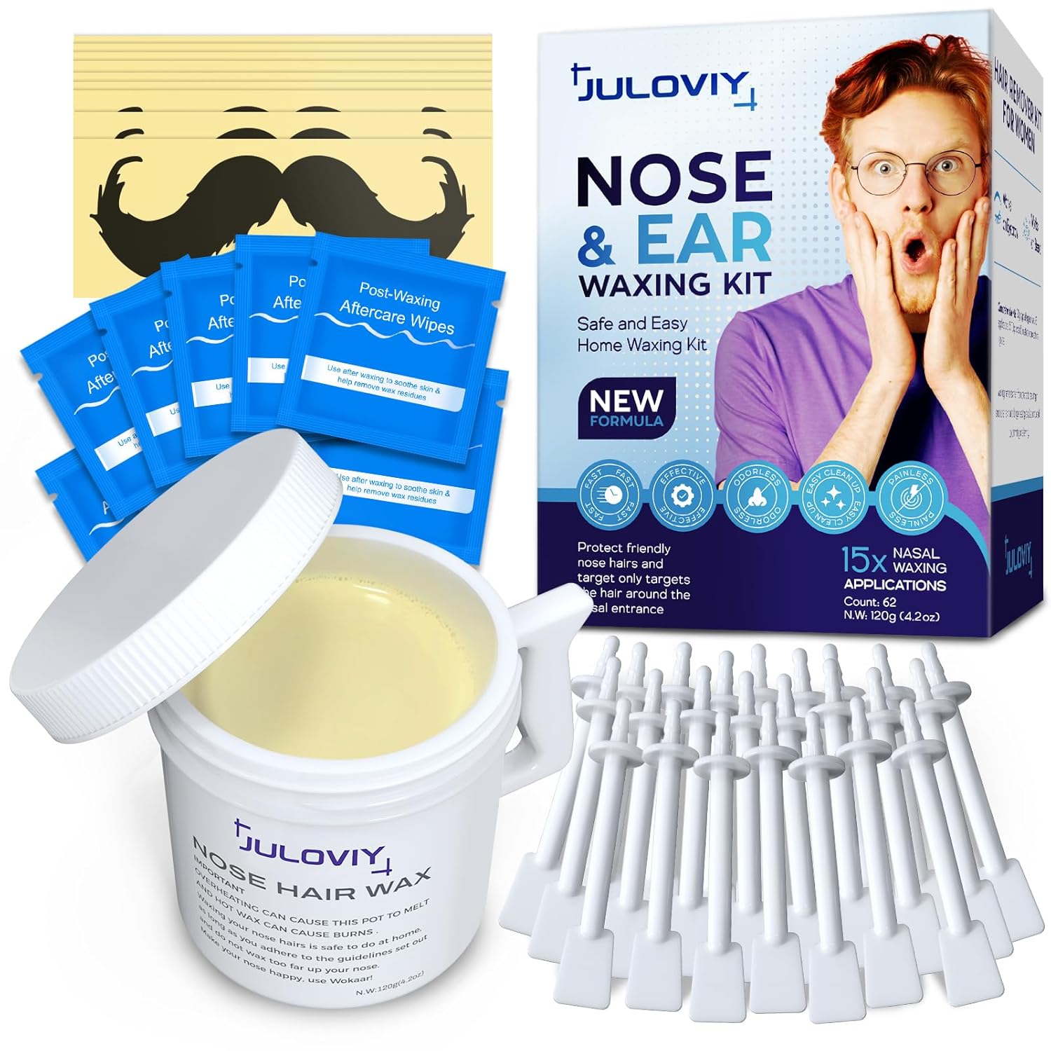 Nose Wax Kit, 120 g Wax, 30 Applicators,Nostril and Ears Hair Removal Kit for Men & Women,Includes 15 Balm Wipes and Mustache Guards etc. Lasts up to 6 Weeks Nose Wax Kit, 120 g Wax, 30 Applicators,Nostril and Ears Hair Removal Kit for Men & Women,Includes 15 Balm Wipes and Mustache Guards etc. Lasts up to 6 Weeks