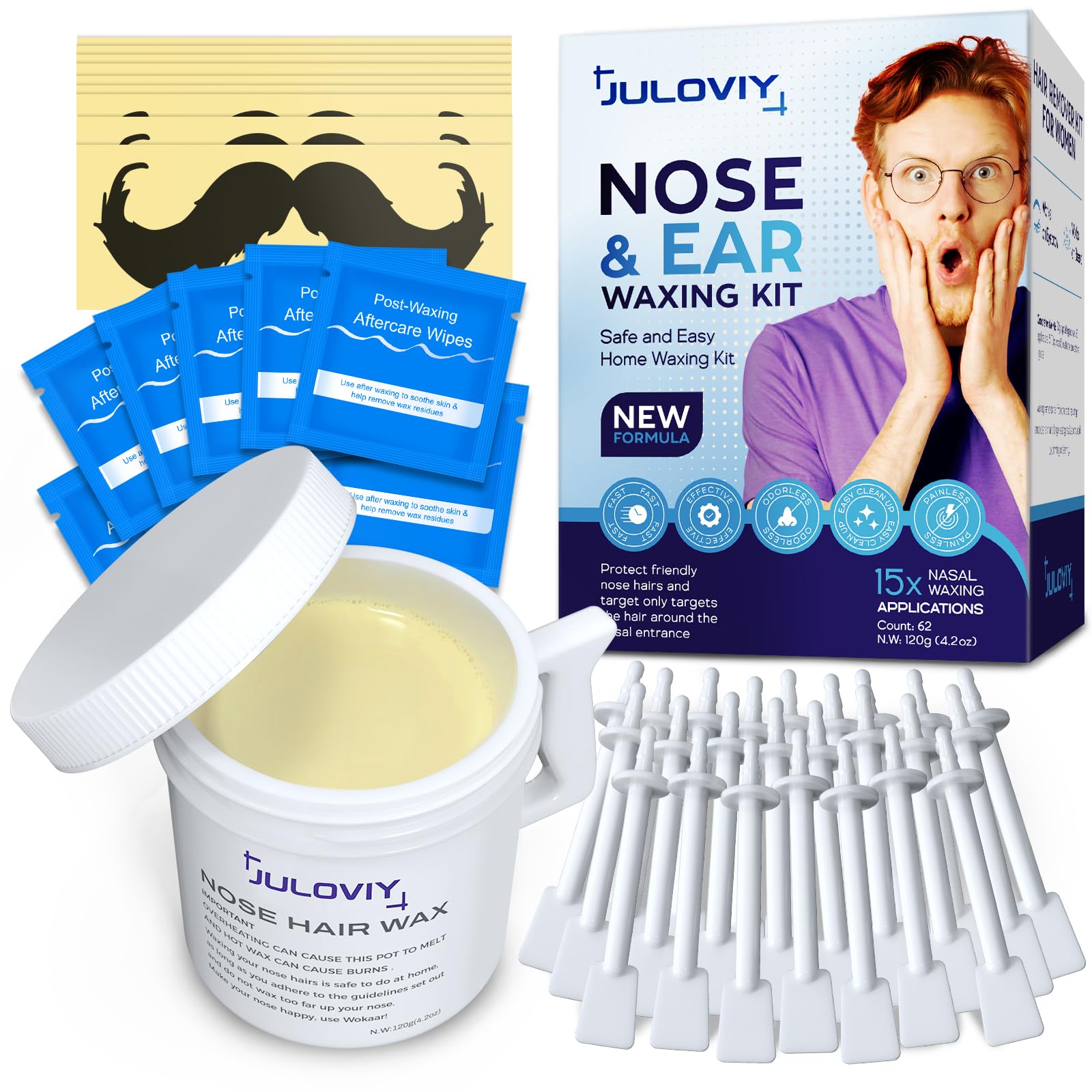 Nose Wax Kit for Men & Women, 120g Professional Nose Hair Waxing Set, 30 Applicators for Ear & Nostril Epilation, Deep Root Extraction Lasts 6 Week, Includes 15 Balm Wipes & Mustache Guards, Easy Melt