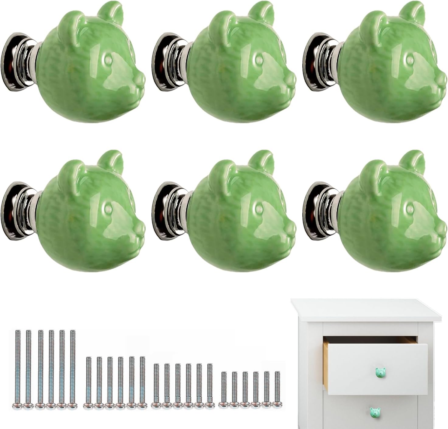 6 Pack Cabinet Knobs Ceramic Drawer Handles Bear Shape Cupboard Dresser Wardrobe Closet Door Knobs Pull Handles Kitchen Furniture Knobs with Long Short Screws, Green