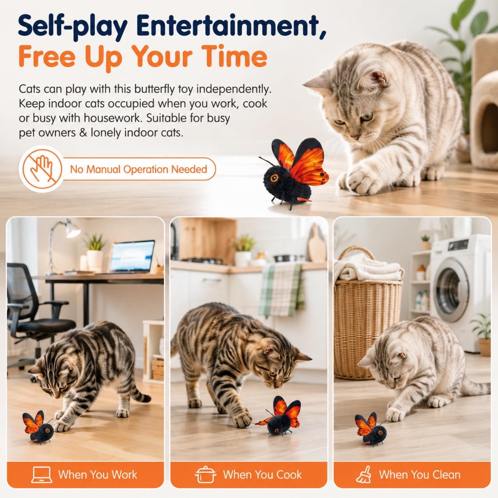 Smart Sensing Flattern-Katzenspielzeug, interaktives Schmetterling-Katzenspielzeug, wiederaufladbar, realistische Flügelbewegung, fördert das Stalken, sensorausgelöst, langlebiger Plüsch, gebaut für