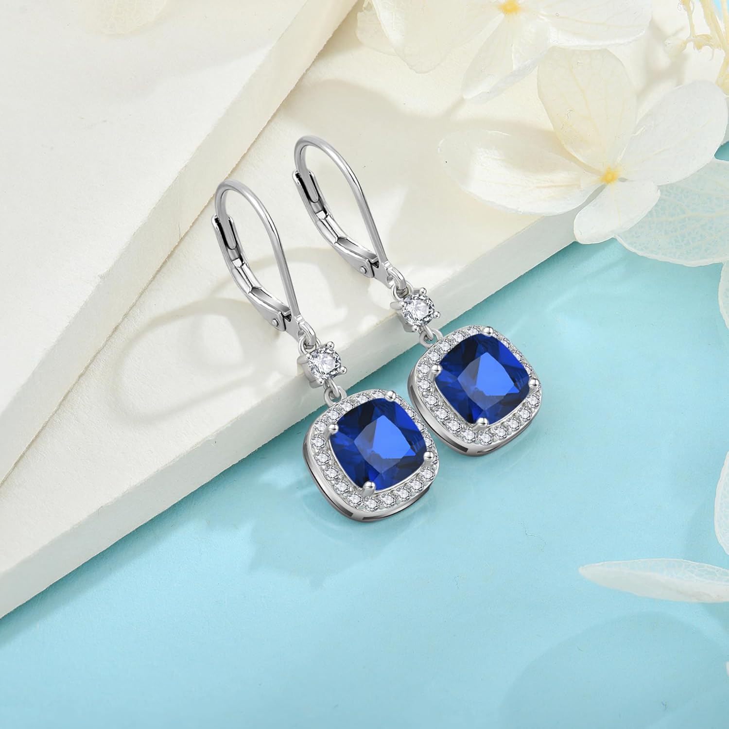 Women Leverback Earrings 925 Sterling Silver Princess Cut Halo Earrings Birthstone Dangle Drop Earrings for Women Her Mom Wife - Image 5