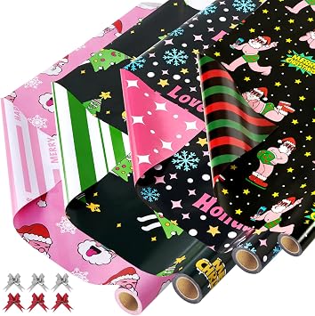 EWES Funny Christmas Wrapping Paper 4 Rolls Set,Fun Cartoon Gift Wrap