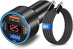 65W Chargeur de voiture USB C Chargeur rapide, Port Multi PD QC 3.0 Légèreur de cigarettes à charge rapide USB Connecteur adaptateur de rechargeur de téléphone de voiture avec affichage de tension pour iPhone 17 16 15 Pro Galaxy A16 A17 Android