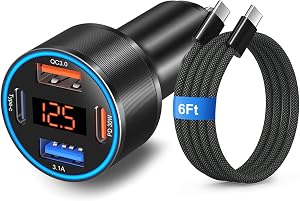 65W Car Charger USB C Fast Charger, Multi Port PD QC 3.0 Fast Charging Cigarette Lighter USB Car Phone Charger Adapter Plug with Voltage Display for iPhone 17 16 15 Pro Galaxy A16 A17 Android