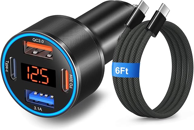 65W Chargeur de voiture USB C Chargeur rapide, Port Multi PD QC 3.0 Légèreur de cigarettes à charge rapide USB Connecteur adaptateur de rechargeur de téléphone de voiture avec affichage de tension pour iPhone 17 16 15 Pro Galaxy A16 A17 Android