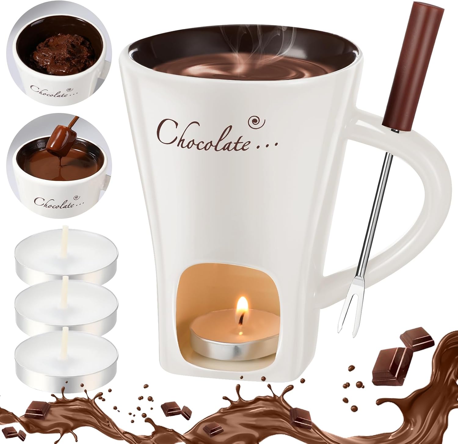 Honeydak 2 Set Chocolate Fondue Mug with Fork and Candle Sweet Ceramic Personal Chocolate Melting Cup Ideal Gifts for Birthday Date Night Birthday Wedding Gifts (White)