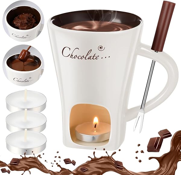 Honeydak Chocolate Fondue Mug with Fork and Candle Sweet Ceramic Personal Chocolate Melting Cup Chocolate Fondue Mug Ideal Gifts for Birthday Date Night Birthday Wedding Gifts (White) - 1