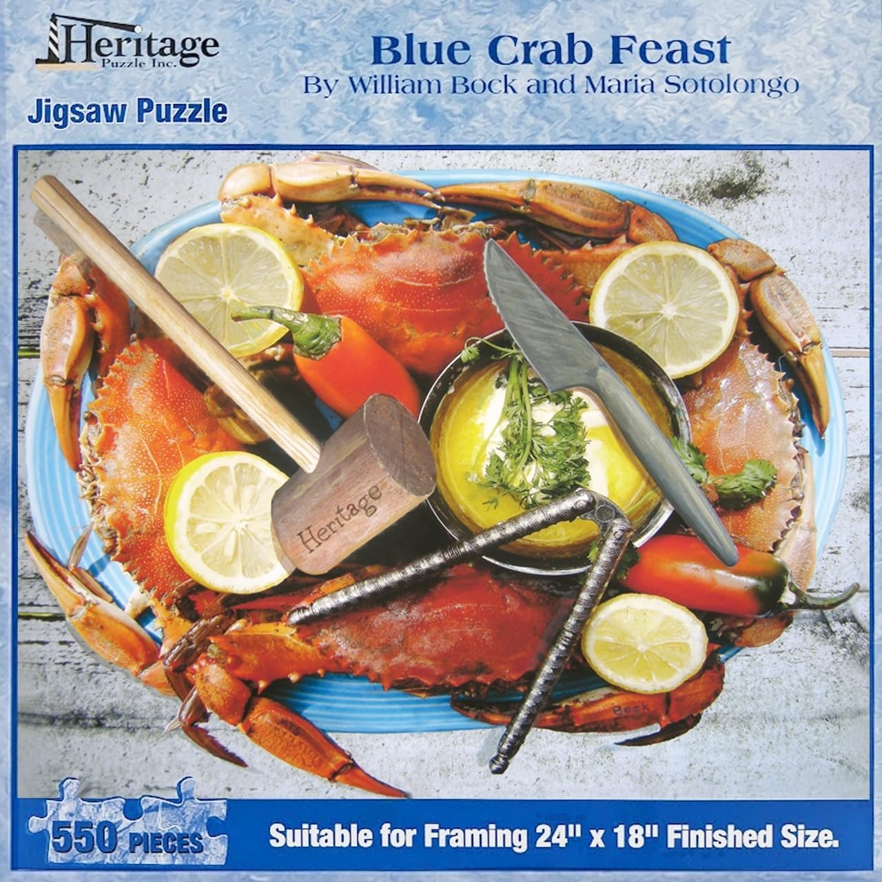 Heritage Puzzle - Blue Crab Feast by William Bock and Maria Sotolongo 550 Piece Puzzles for Adults - Unique Coastal Artwork Featuring a Blue Crab Theme, Frameable Jigsaw Puzzle 18" x 24" Finished Size