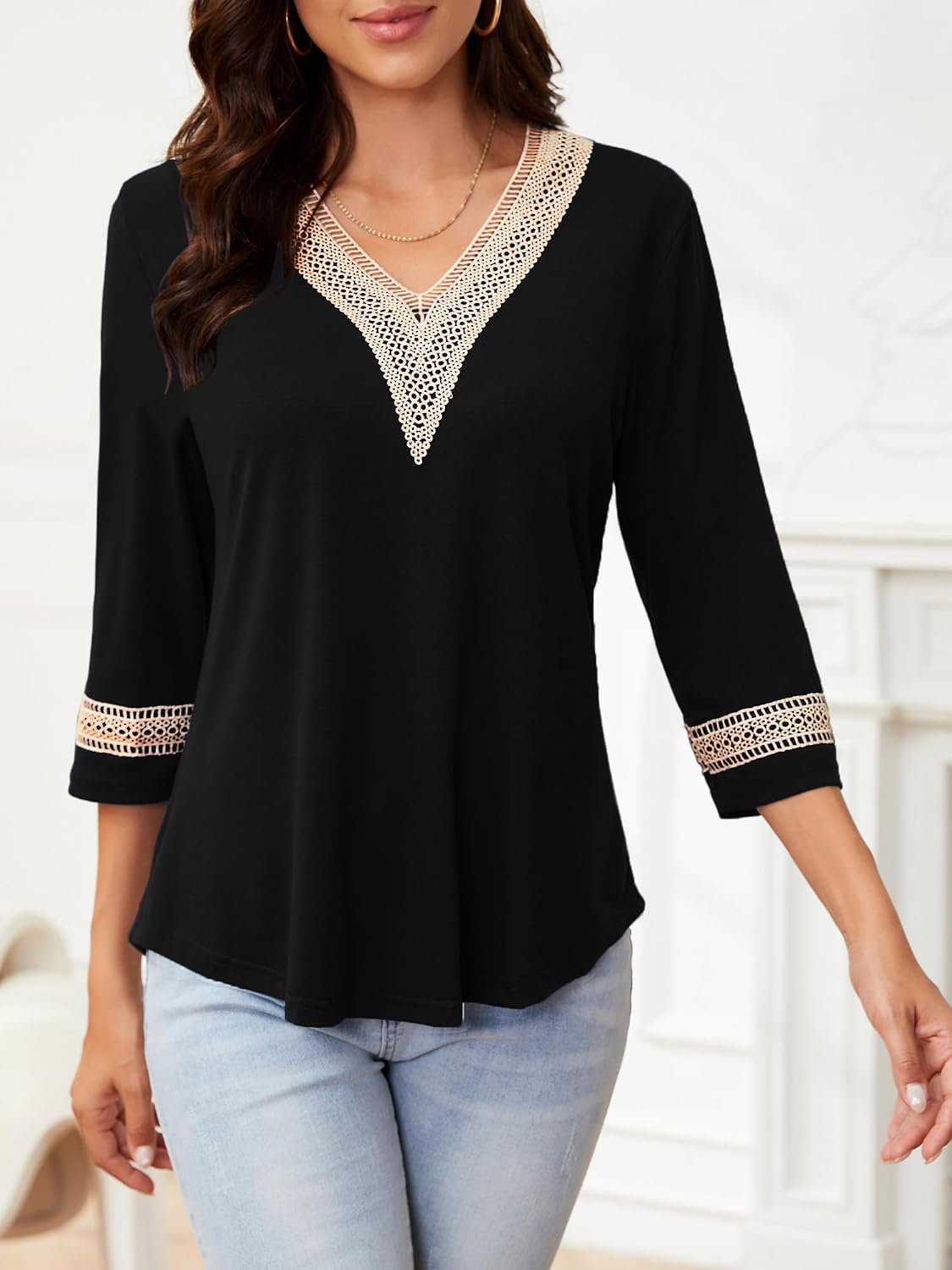 Rinethy 3/4 sleeve shirts for women casual Guipure Lace V Neck Bouse Color Block Dressy T Shirt Tops