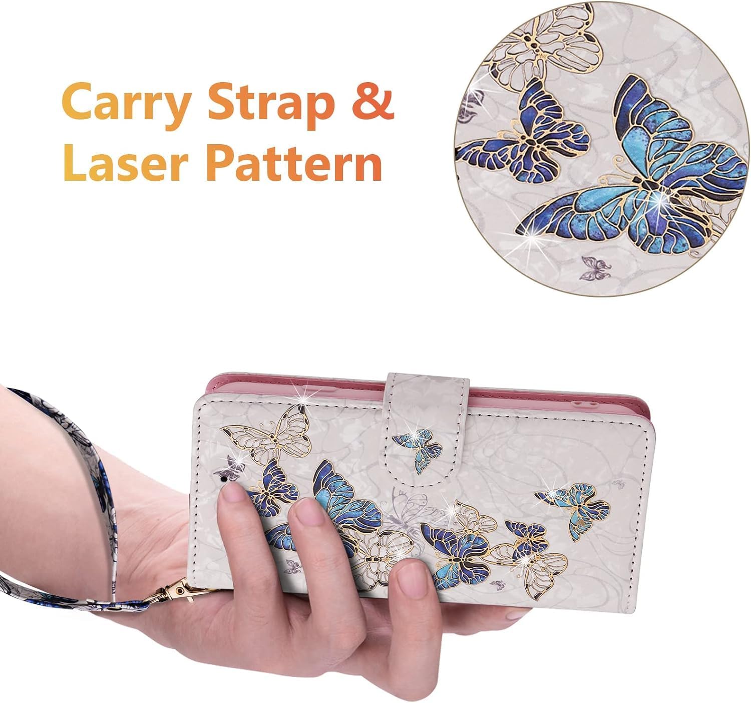 UEEBAI Wallet Case for Samsung Galaxy A15 4G/5G, PU Leather Phone Case Kickstand RFID Blocking Flip Case Card Slots Wrist Strap Relief Engraved Pattern Magnetic Closure Folio Case - Blue Butterfly 7 71908UMG3vL. AC SL1500