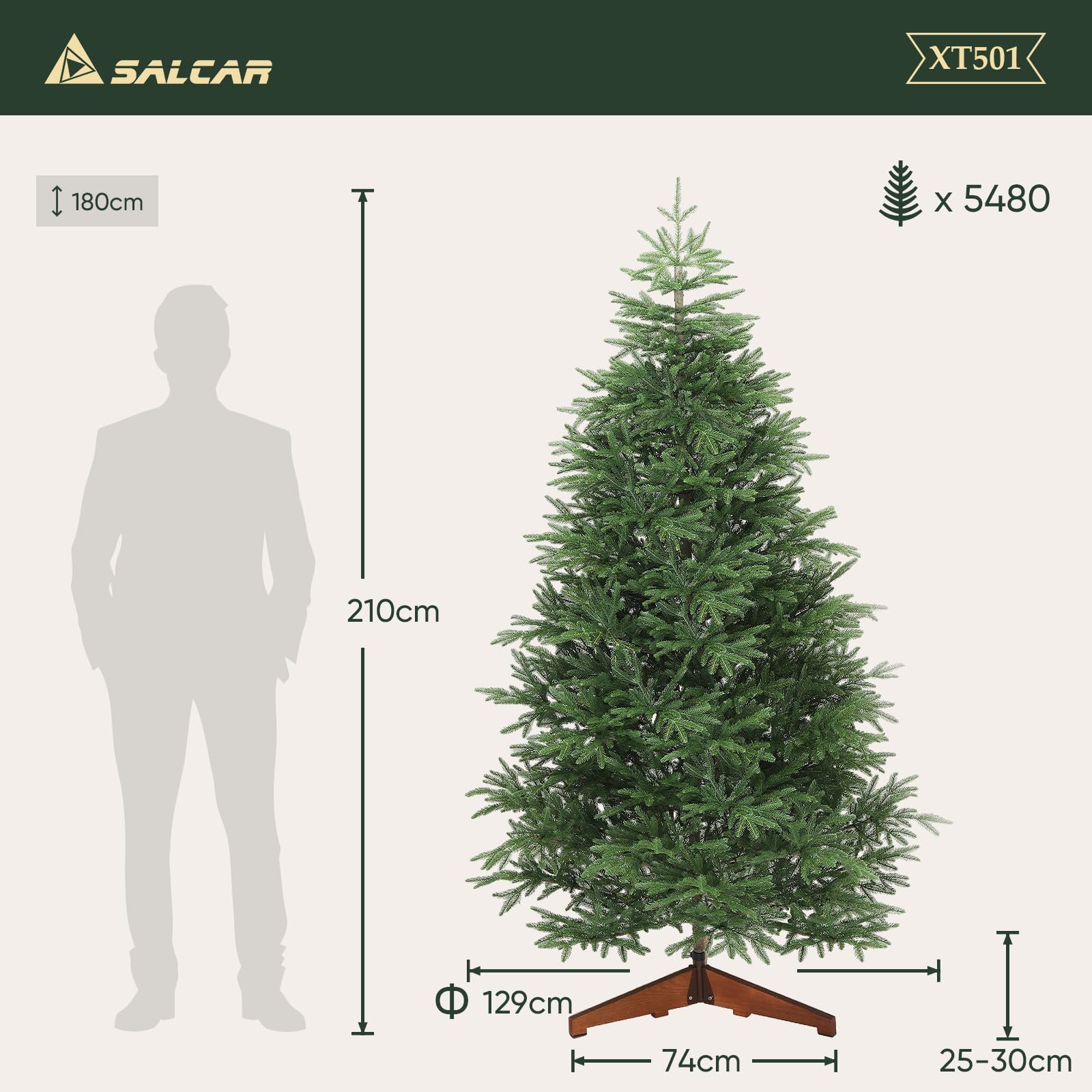 SALCAR Künstlicher Weihnachtsbaum 210 cm – naturgetreue Tannennadeln aus 100 % Spritzguss, detailreicher Stamm, inkl. Aufbewahrungstasche, perfekt für Festliche Weihnachten