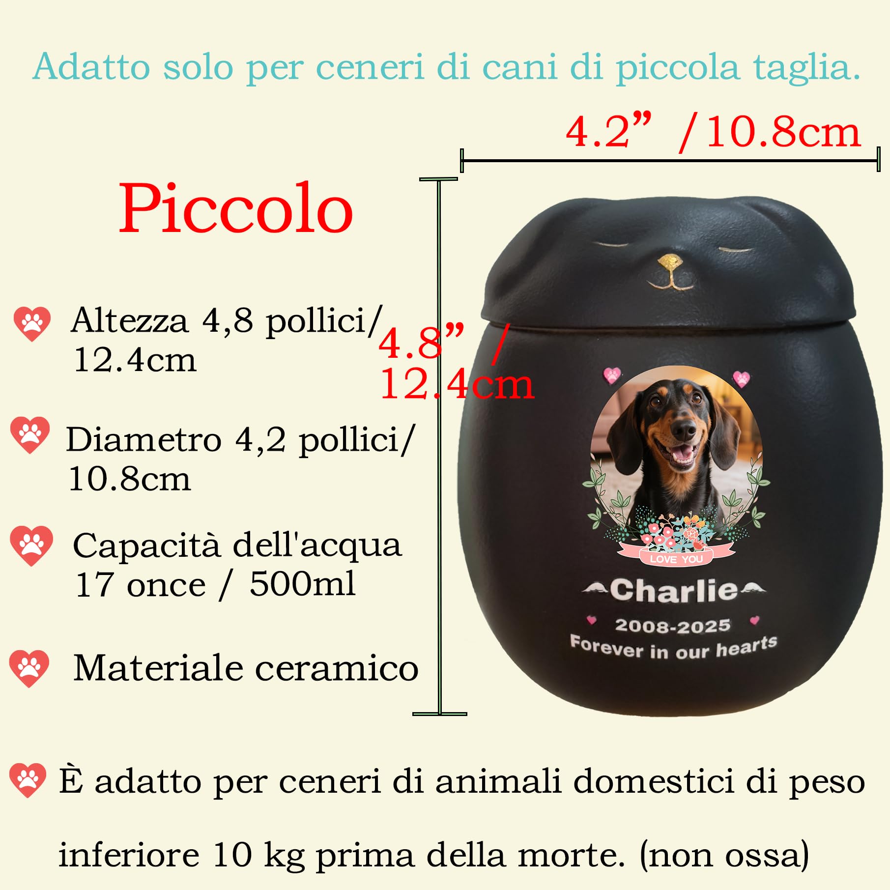 Urna per cani personalizzata,Urne per animali domestici per cani, domestici, ceneri,Urna in ceramica | Fatto a mano su misura (Nero, Piccolo (Adatto per ceneri inferiori a ≤ 10 kg))