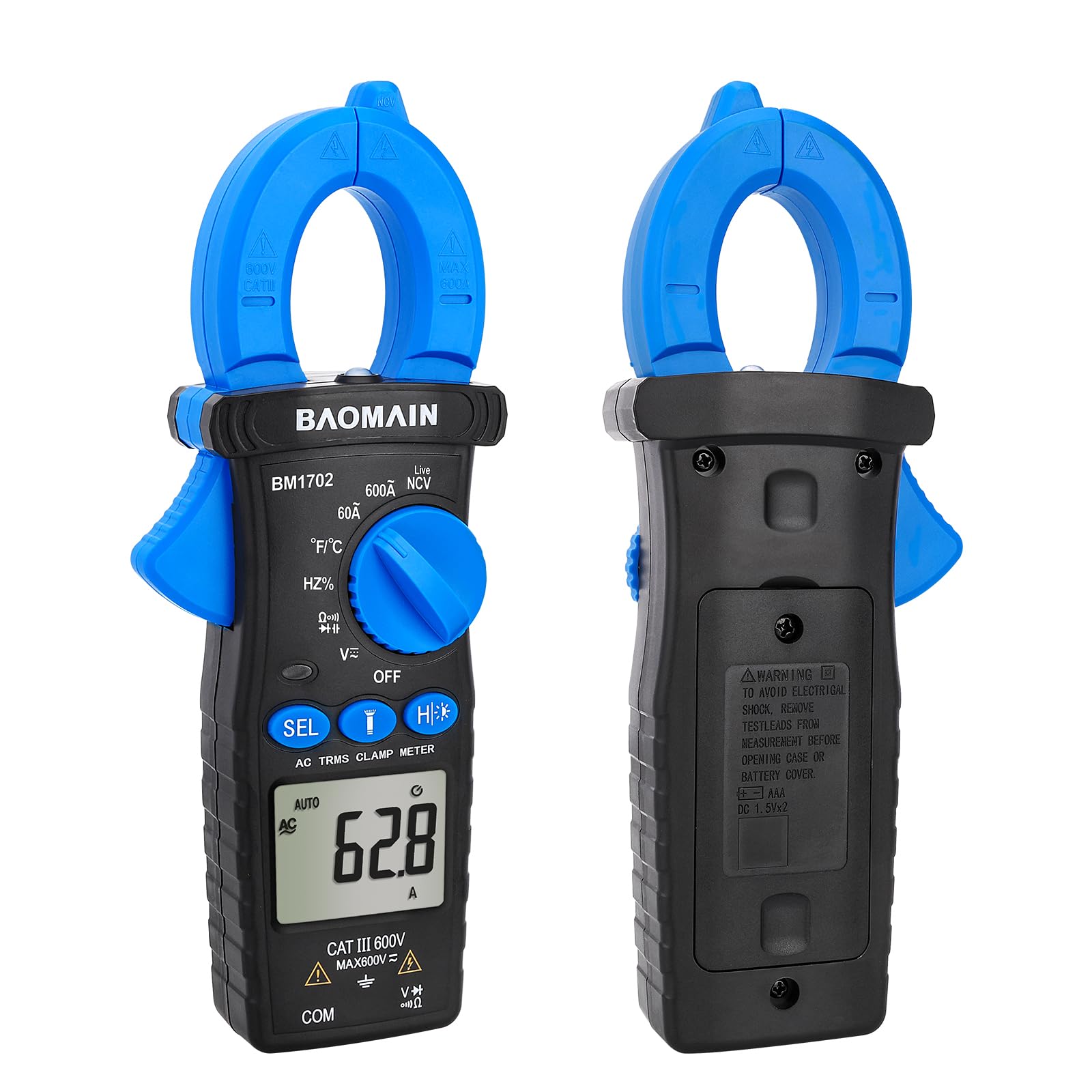 Baomain Digitales Zangenmessgerät, T-RMS 6000 Zähler Mehrzweck-Zangenmessgerät für 60A/600A AC Strom, AC/DC Spannung, Temperatur, Diode, Widerstand, Kapazität, Durchgangsprüfung, NCV, Frequenz