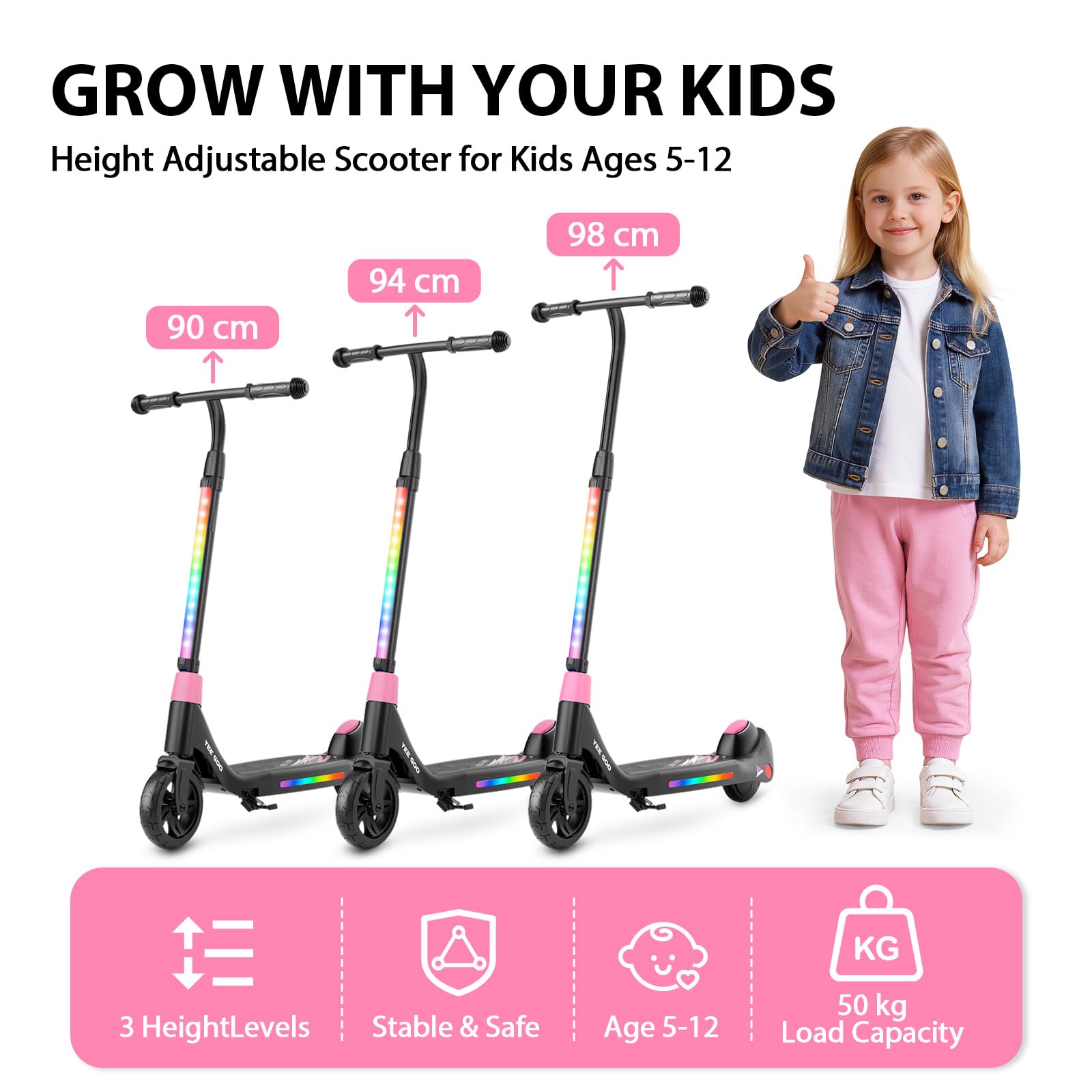Trottinette Electrique Enfant - pour Enfants 5-12 | Max 8 km/h - Réglable en Hauteur | Commande à pédale | Lumières LED Colorées | Frein à Pied | Légère.