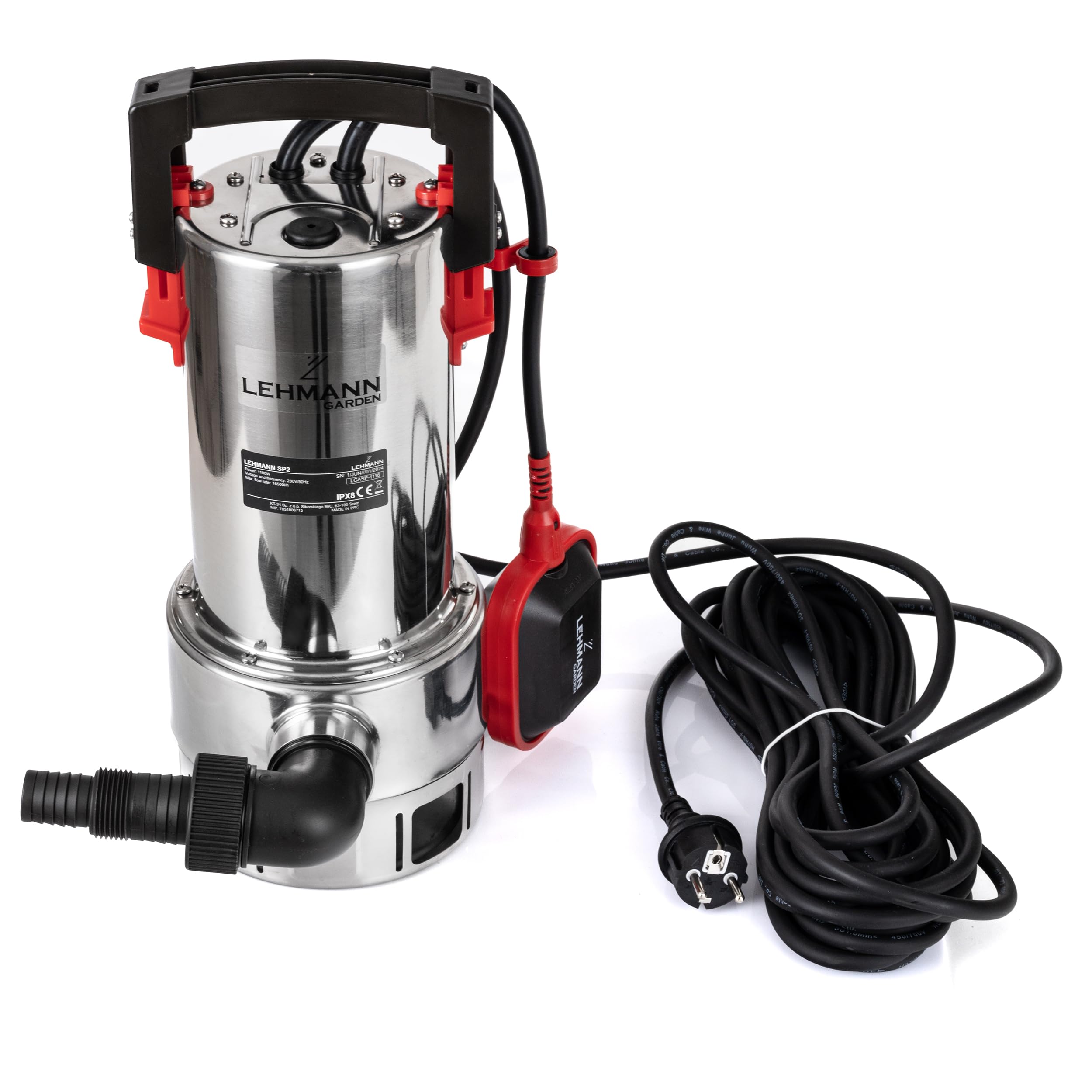LEHMANN Pompe Immergée avec Flotteur Intégré pour Eaux Chargées et Pure, 1100 W, avec Moteur à Induction sans Balai, Débit 16500 l/h, Hauteur de Refoulement 10,5 m, Particules Ø35mm